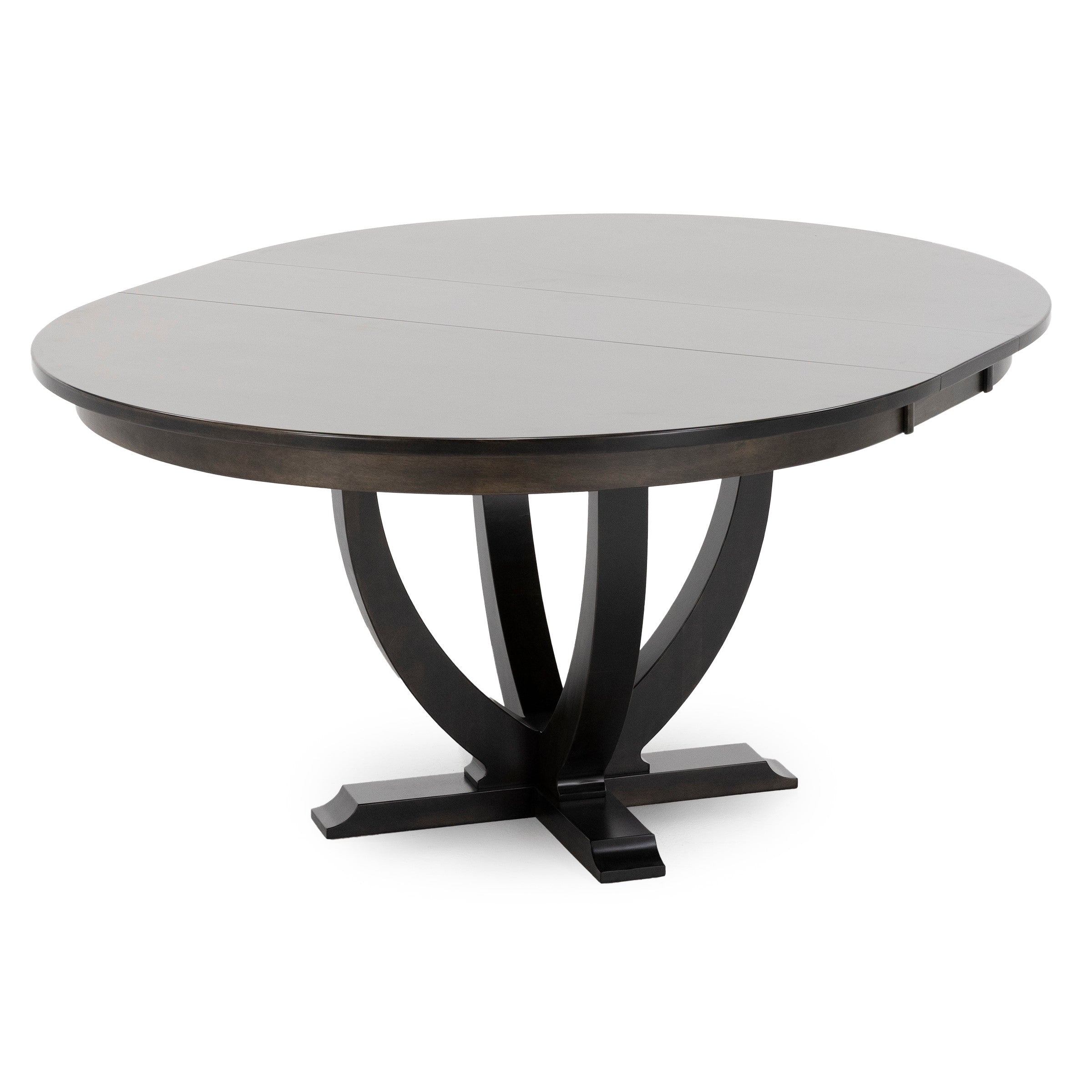 Oval wooden dining table with a dark finish and a decorative pedestal base.