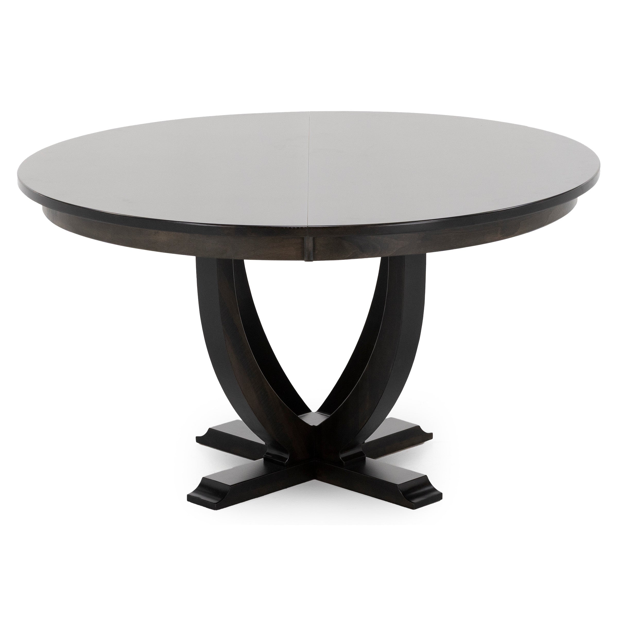 Round dark wood dining table with a cross pedestal base.