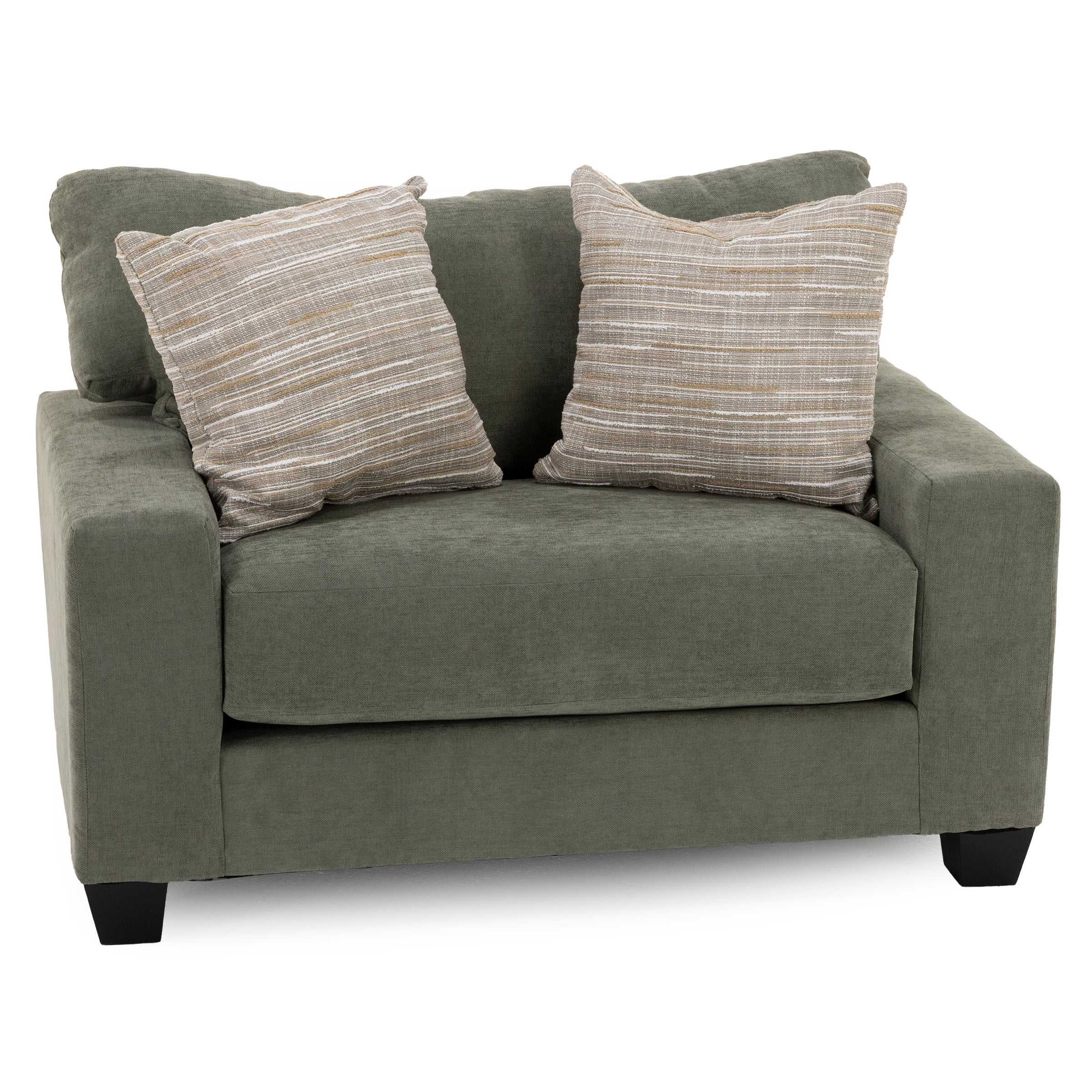 Green loveseat with two beige striped pillows.