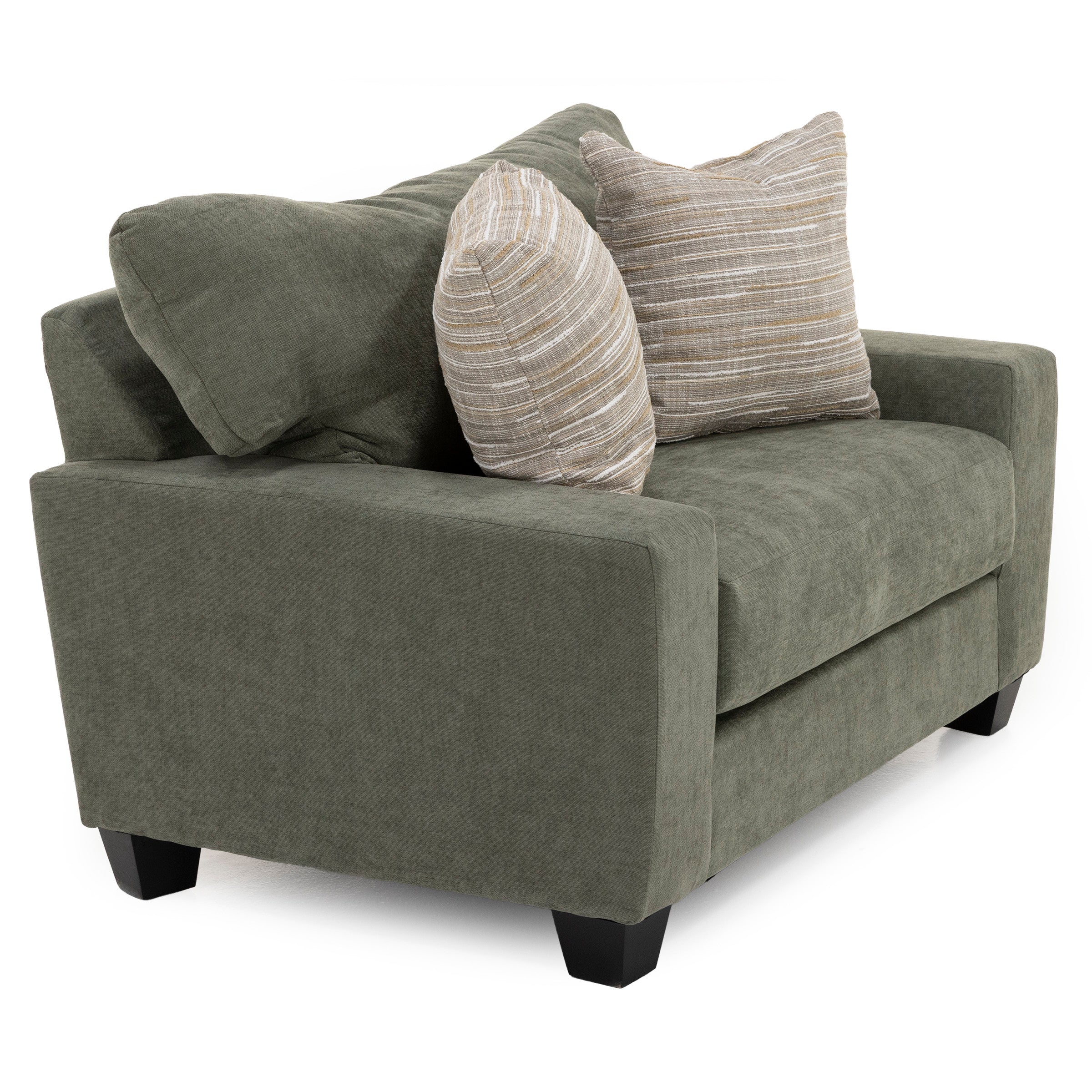 Green upholstered loveseat with two striped accent pillows.