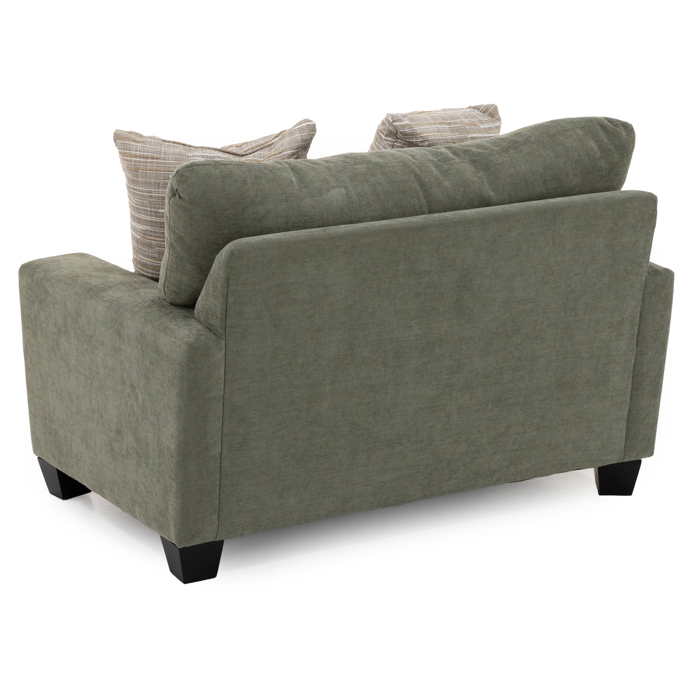 Back view of a green upholstered loveseat with two striped pillows.