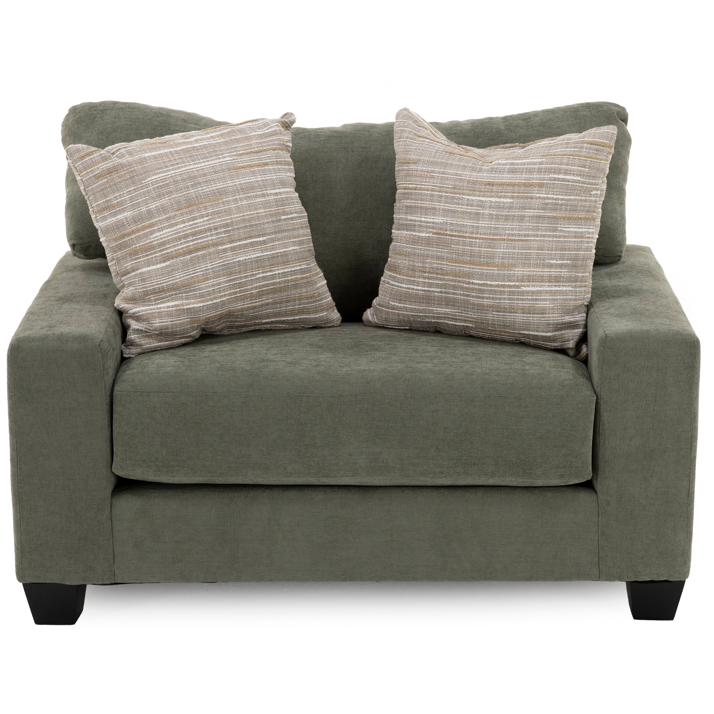 Green upholstered chair with two striped accent pillows.