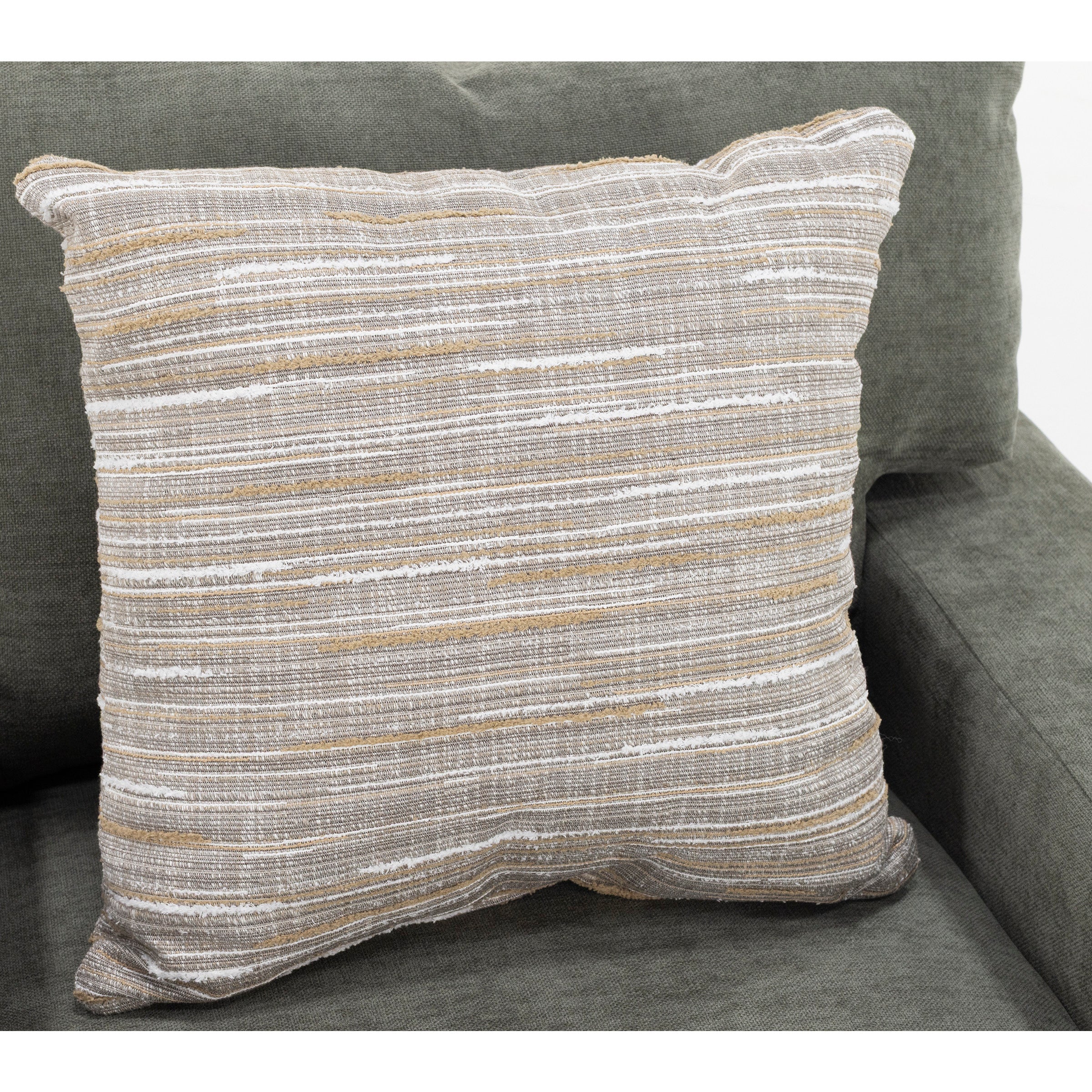 Textured beige and white striped throw pillow on a dark gray sofa.