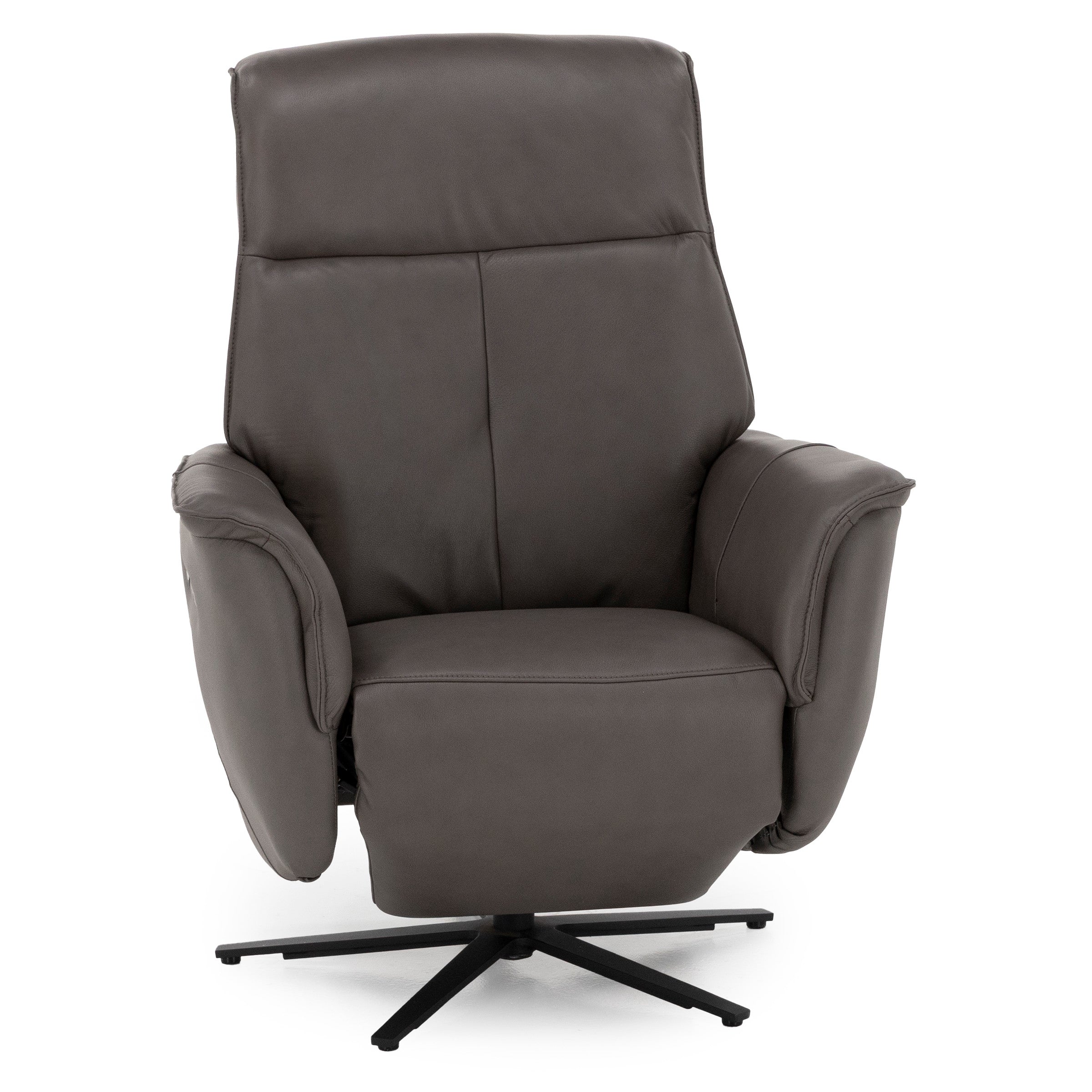Modern gray recliner chair with high back and padded arms.