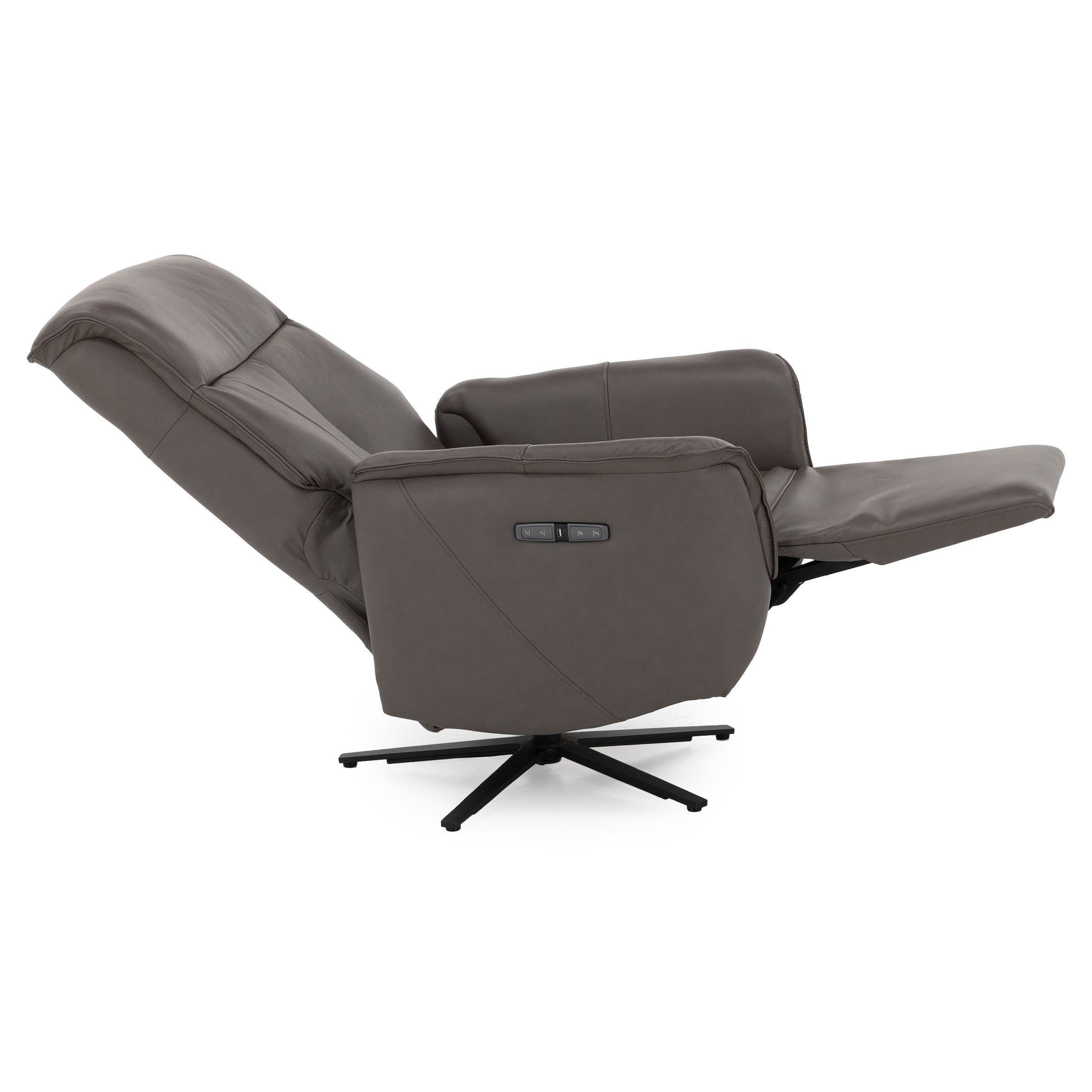 Side view of a gray power recliner chair fully reclined, showing control buttons on the arm.