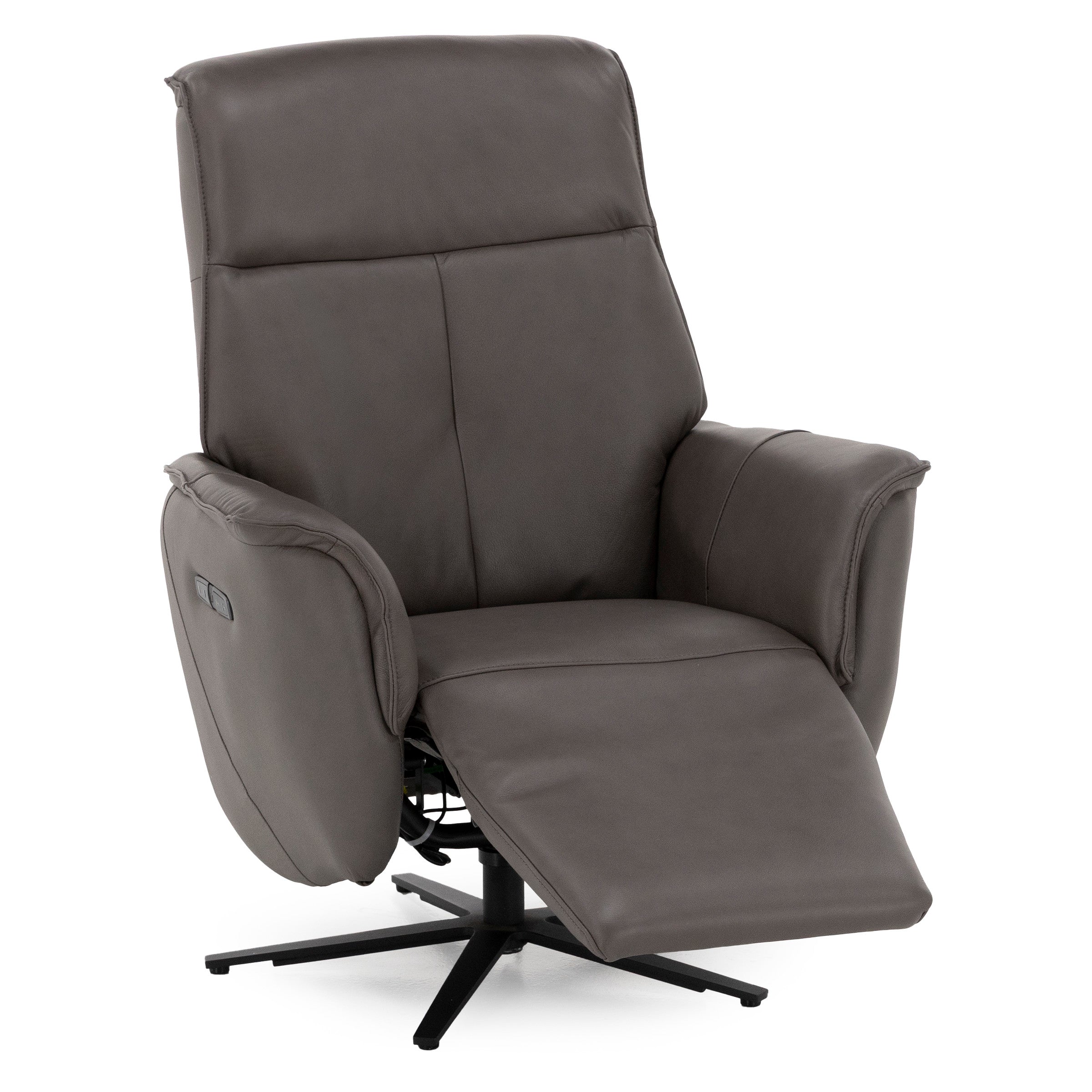 Modern gray recliner chair with padded armrests and extended footrest.