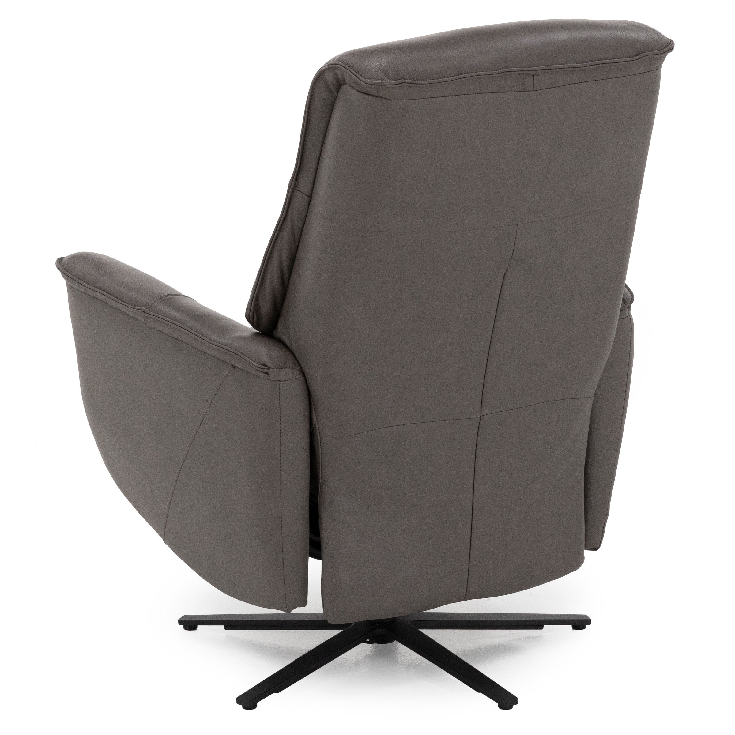 Back view of a gray leather swivel armchair with padded arms and a metal base.