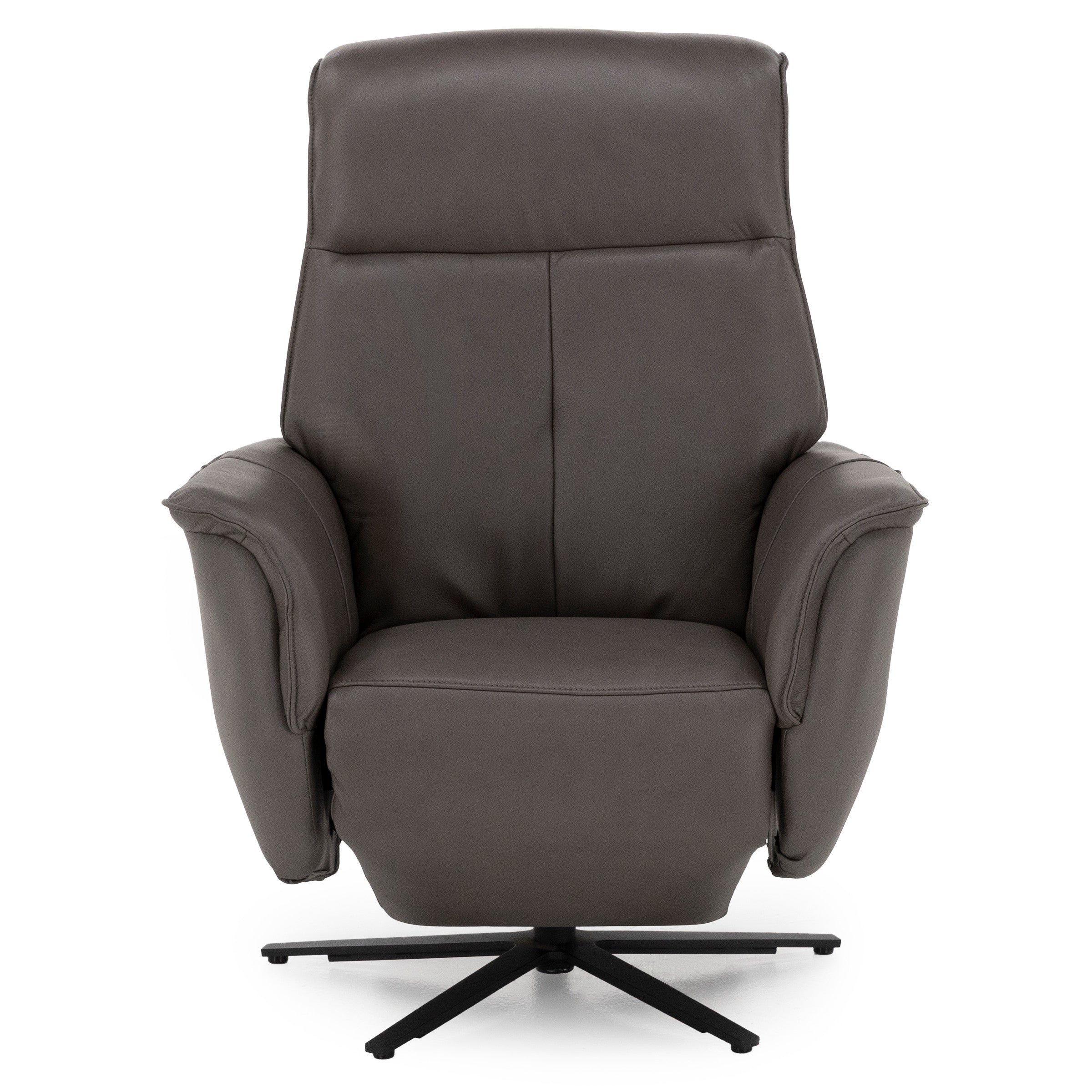 Dark gray recliner chair with padded arms and a swivel base.