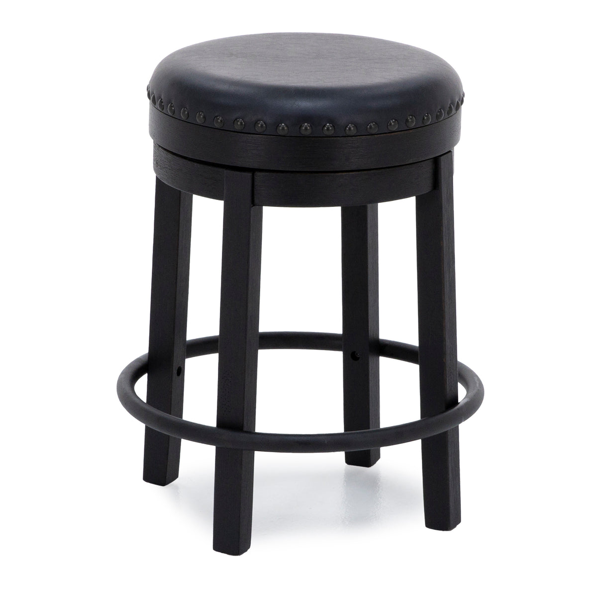 Round black bar stool with padded seat and metal foot ring.