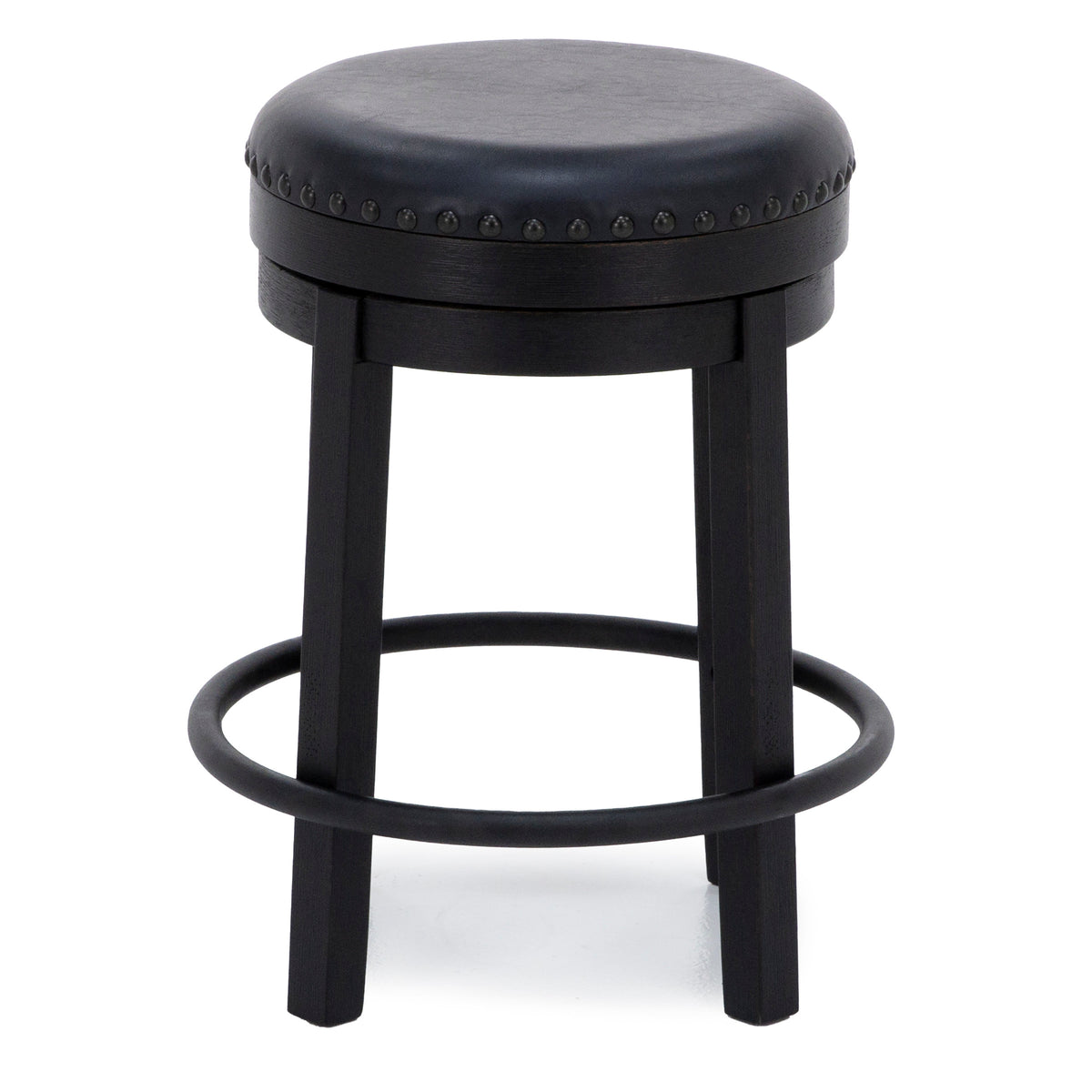 Black round backless bar stool with padded seat and metal footrest ring.