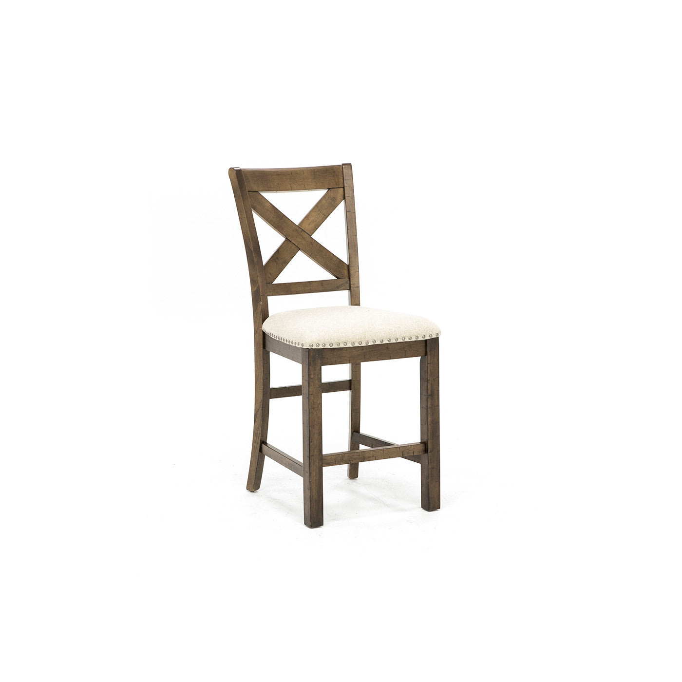 Wooden counter height chair with X-back and padded upholstered seat.