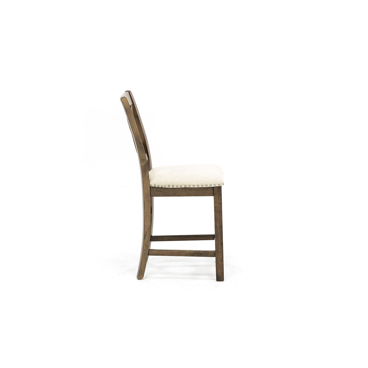 Side view of a wooden dining chair with a cushioned seat on a white background.