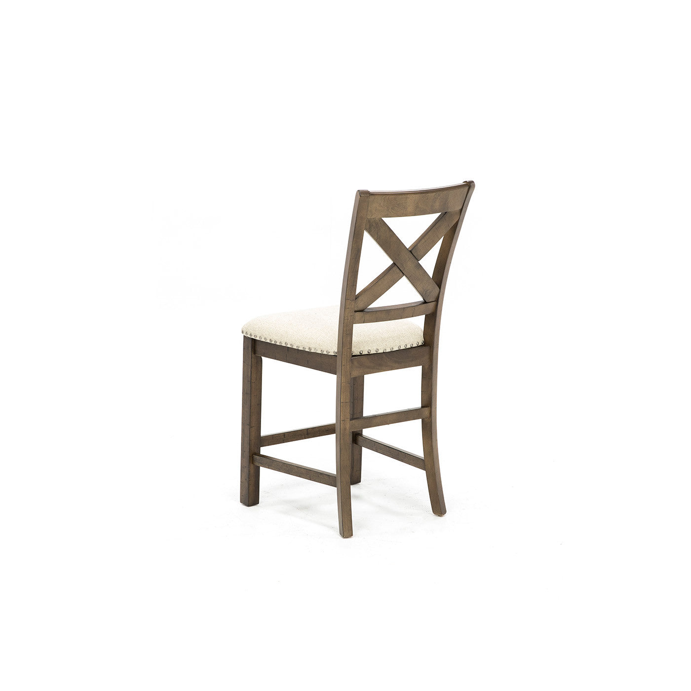 Back view of a wooden chair with crossed design and light upholstered seat