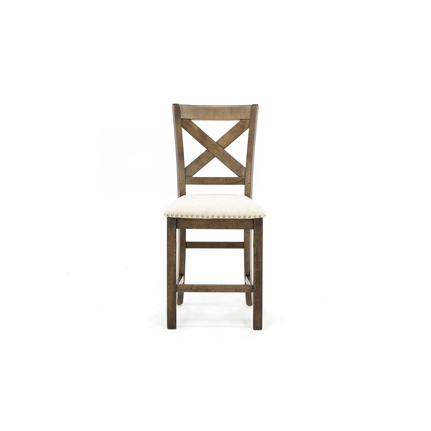 Wooden dining chair with X-back and upholstered seat, shown from the front.
