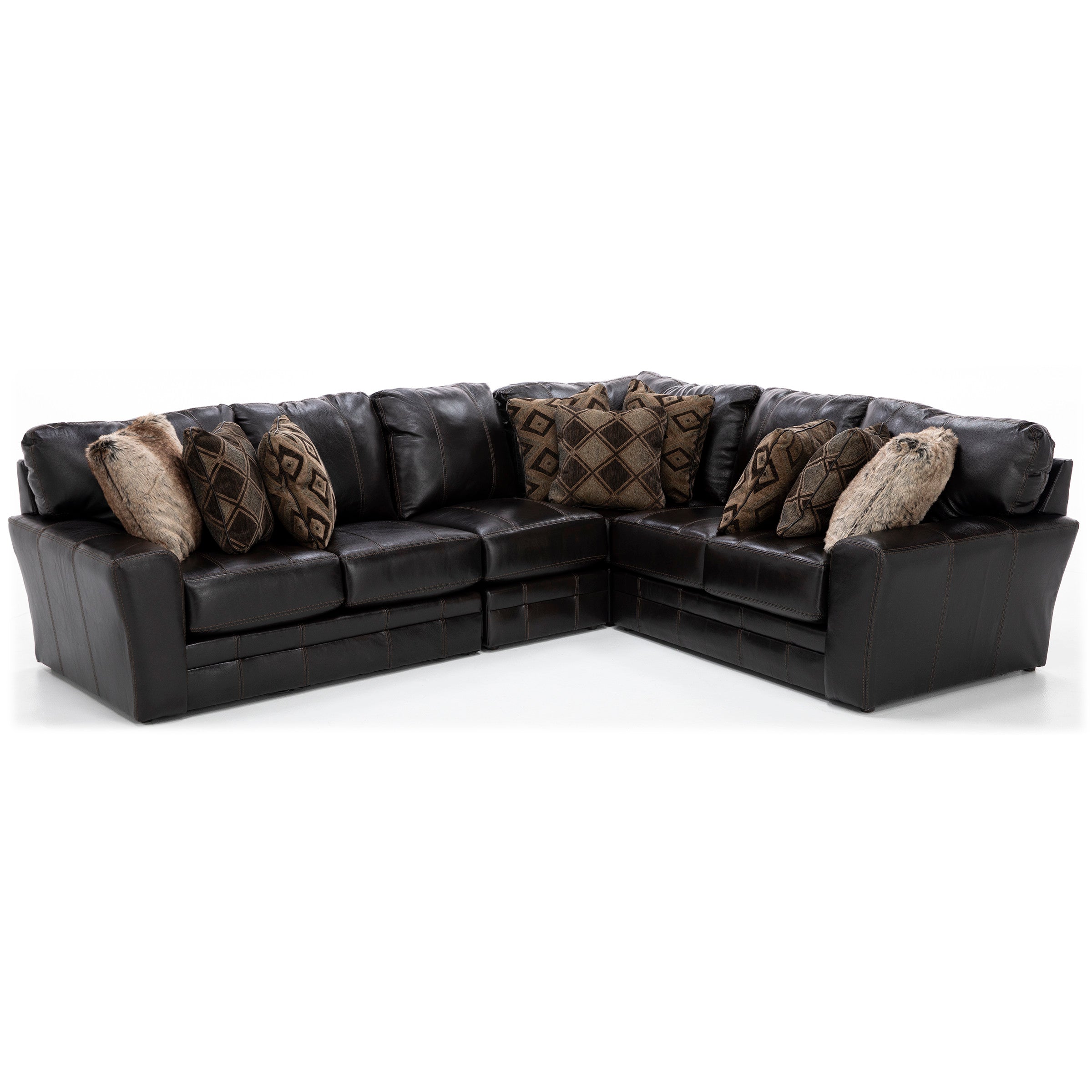 Dark brown leather sectional sofa with patterned cushions.