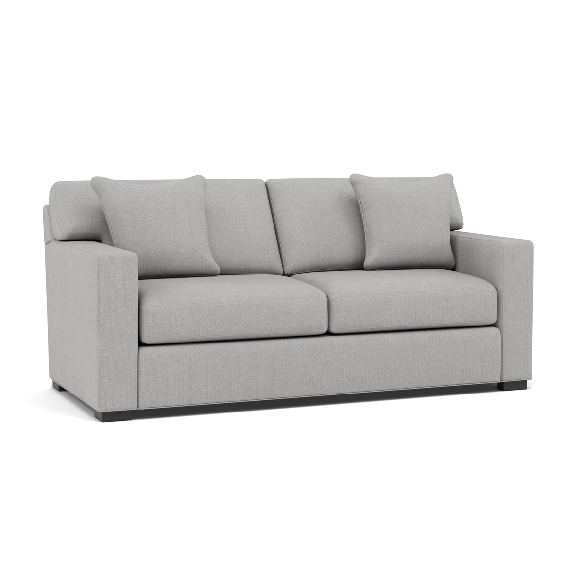 Light gray sofa with two seat cushions, two back cushions, and two pillows, front view.