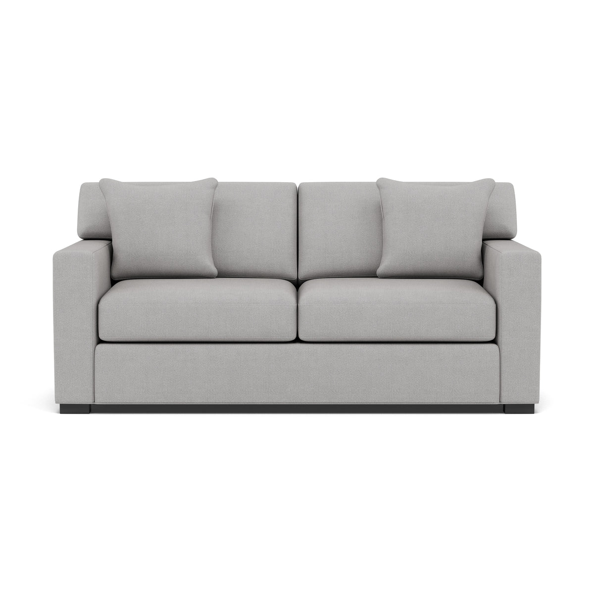 Light gray modern sofa with two seat cushions, two back cushions, and two pillows.