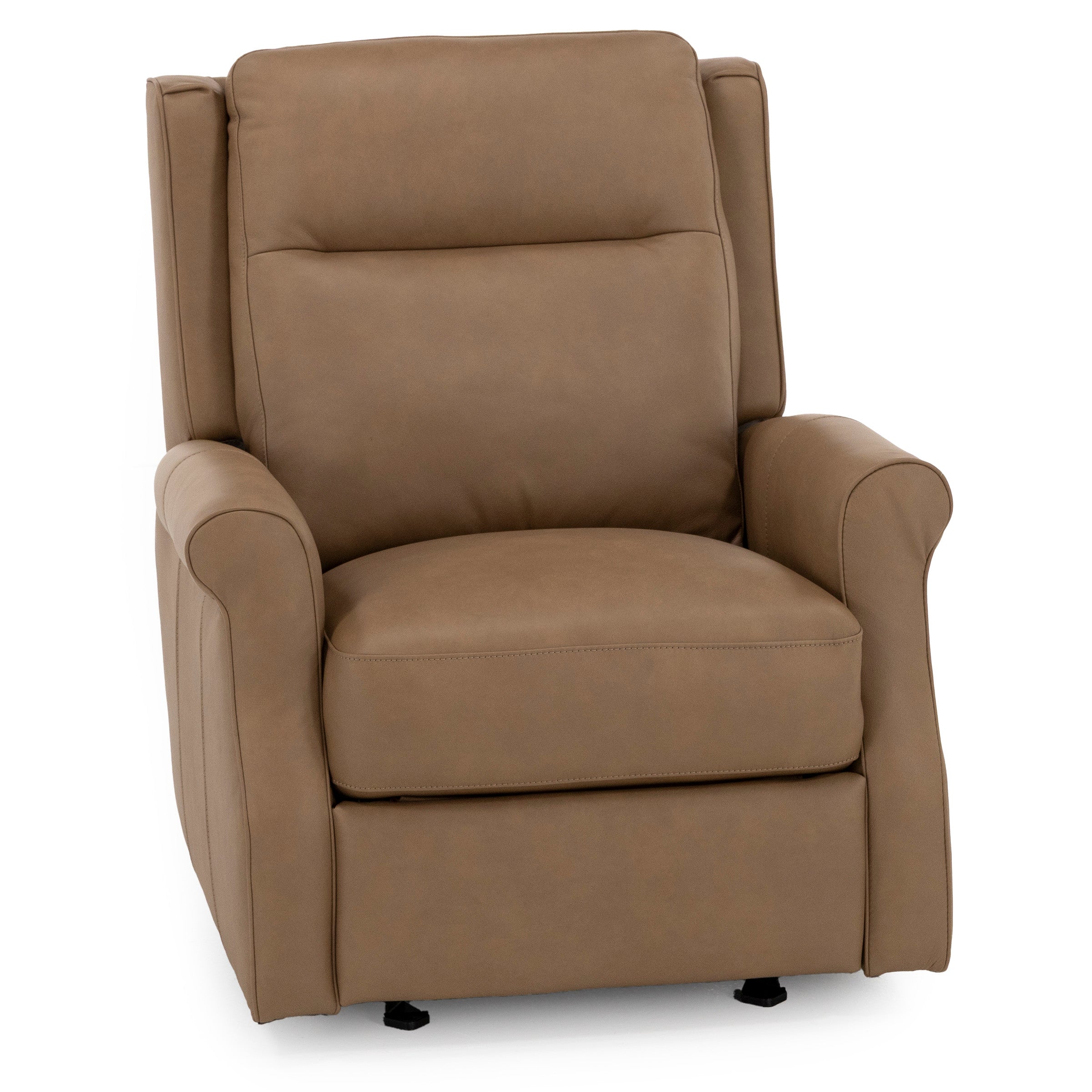 Brown leather recliner chair with cushioned seat and back, viewed from the front.