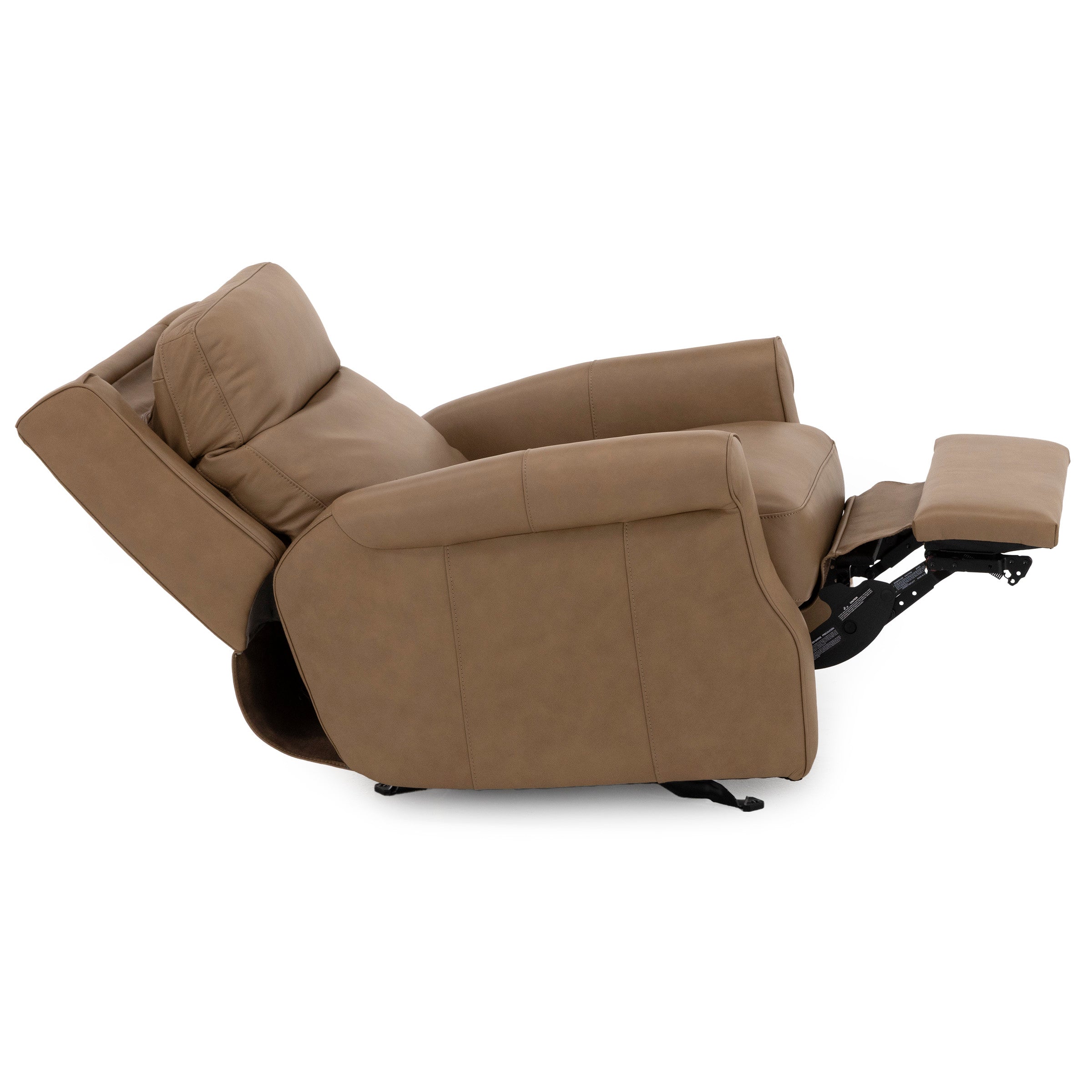 Tan leather recliner chair fully extended with raised footrest, shown from side view.