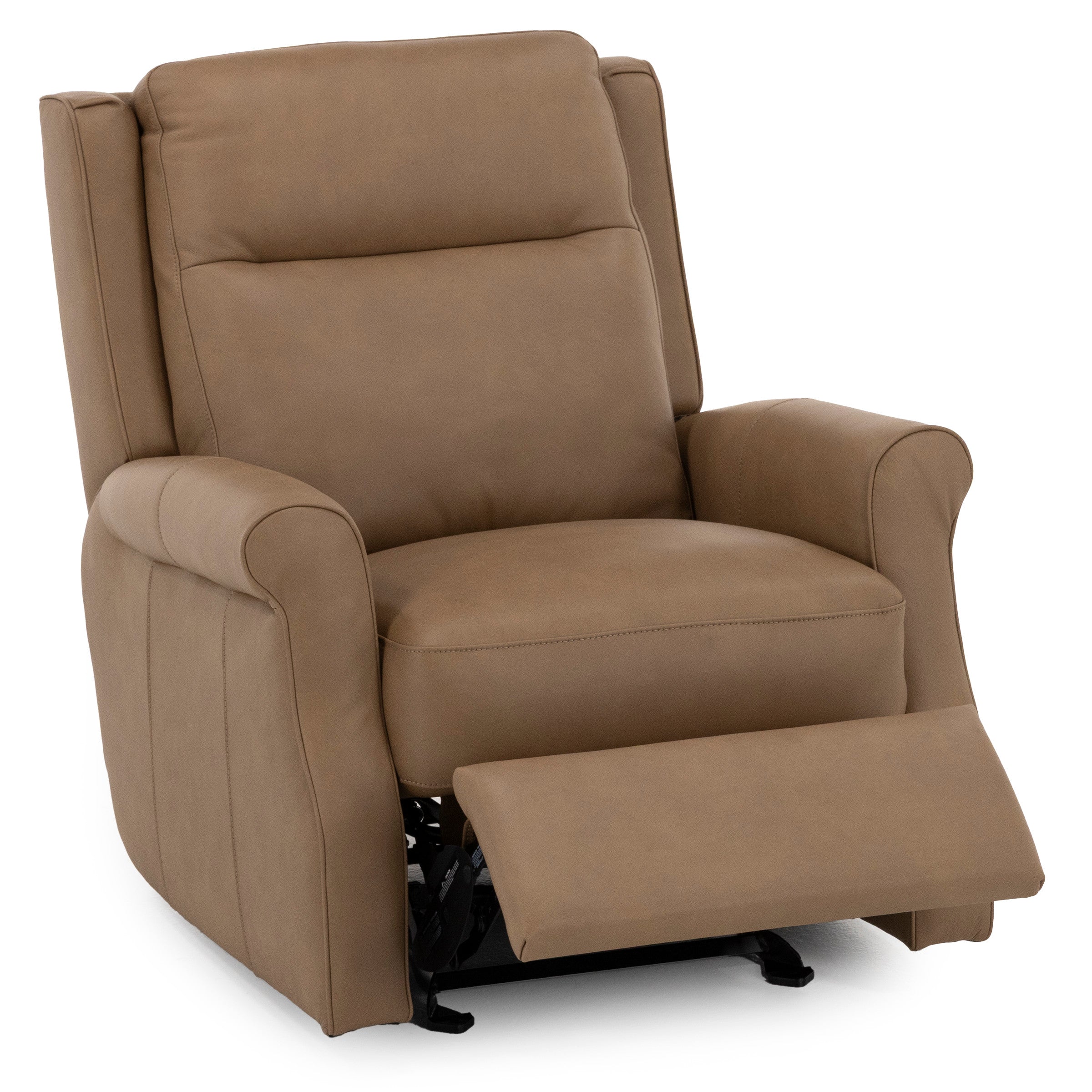 Tan leather recliner chair with extended footrest.