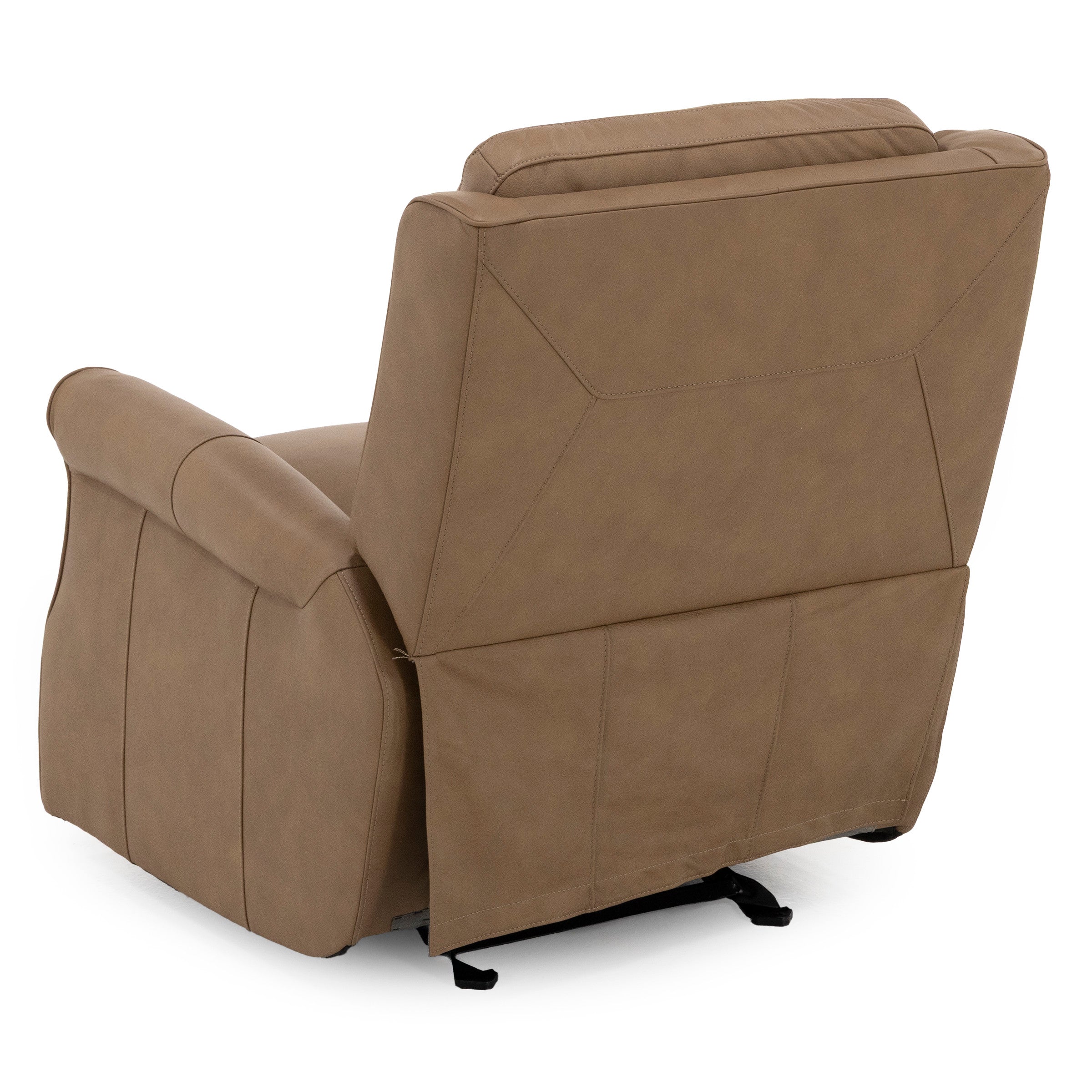 Back view of a tan leather recliner chair.