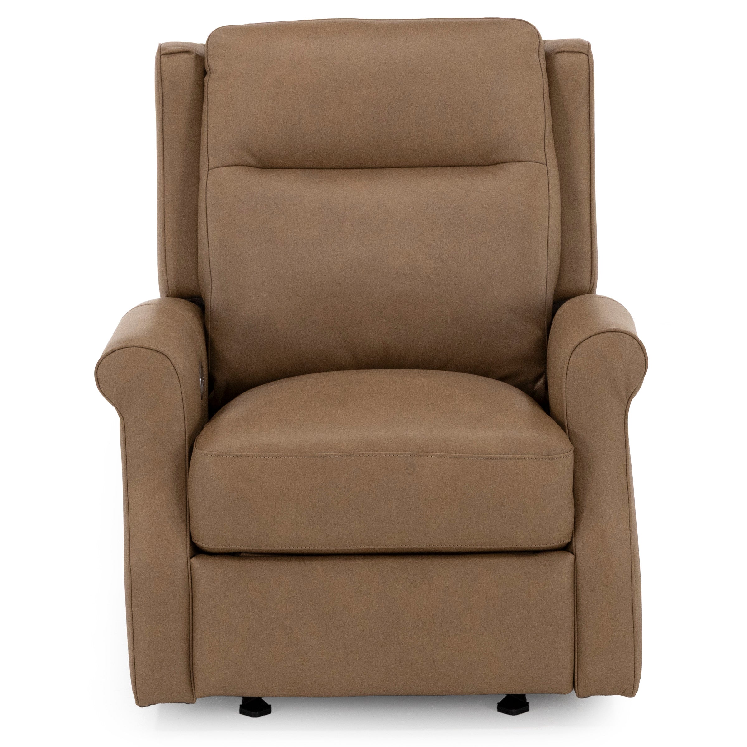 Front view of a tan leather recliner chair with plush cushions and rolled arms.