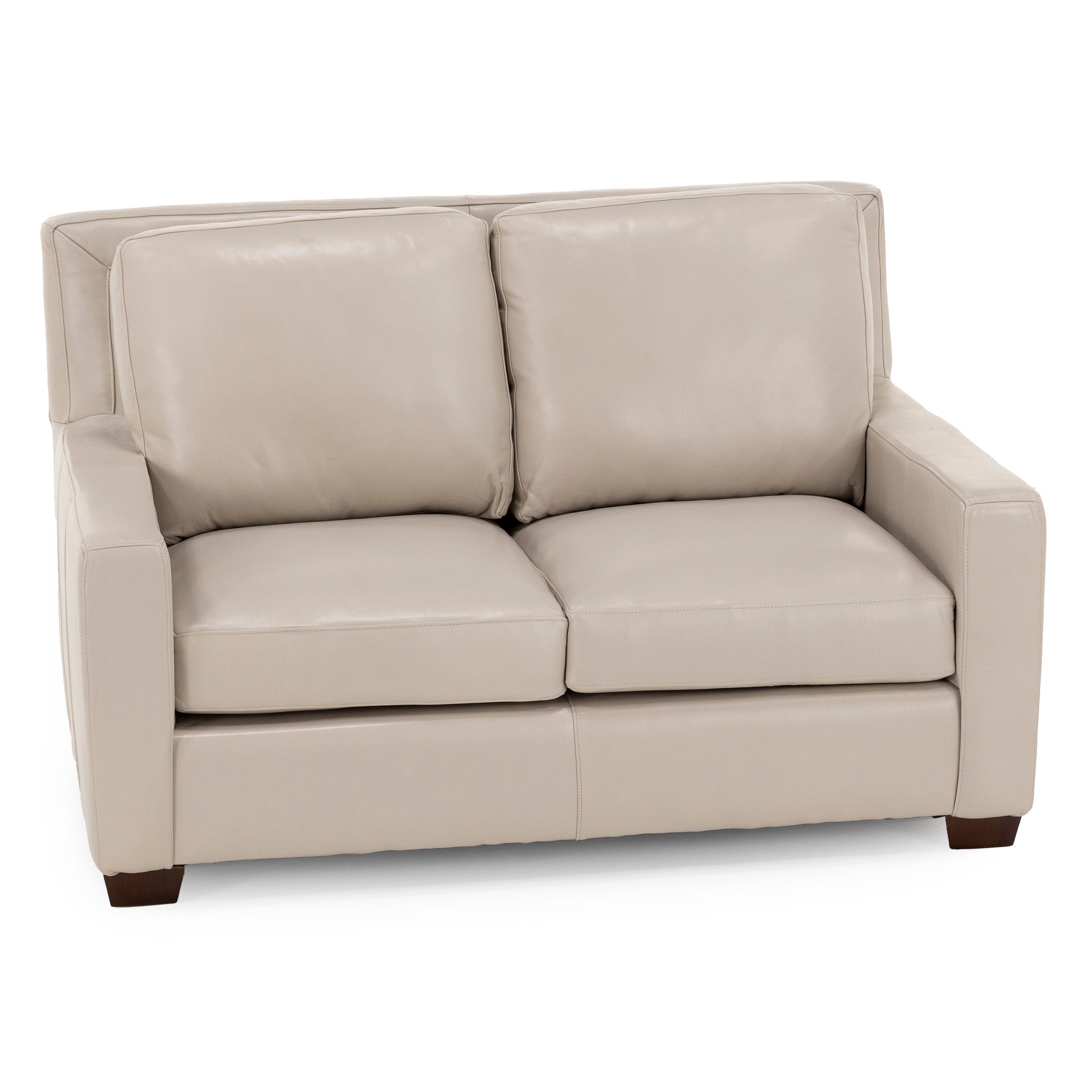 Beige leather loveseat with square arms and plush cushions.