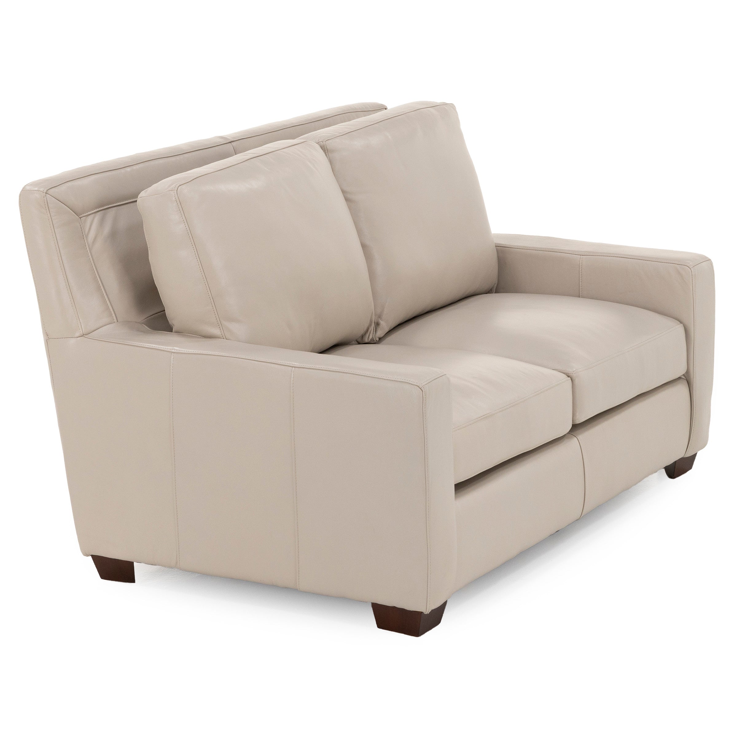 Beige leather loveseat with wide armrests and plush cushions.