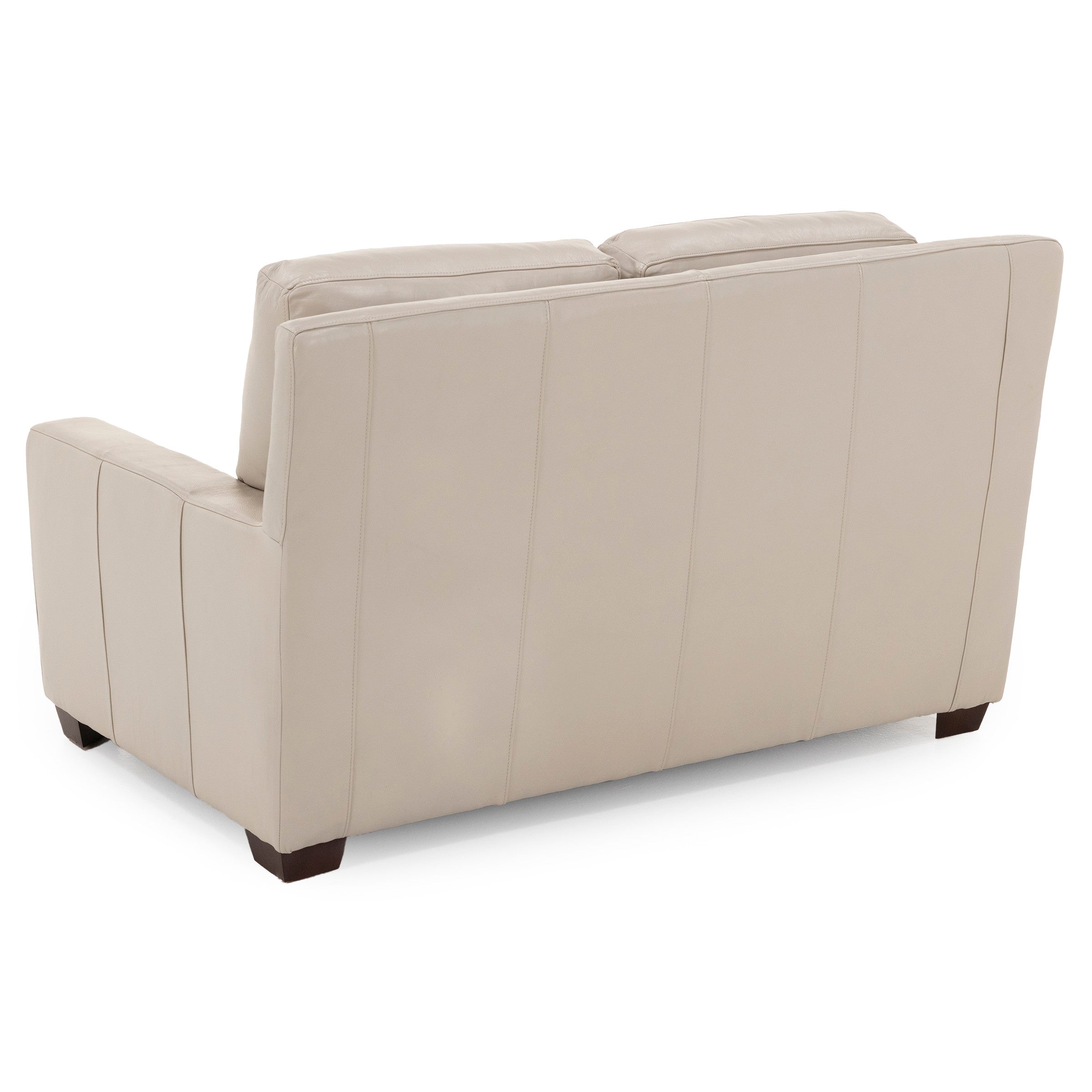 Back view of a beige leather loveseat with wood legs.