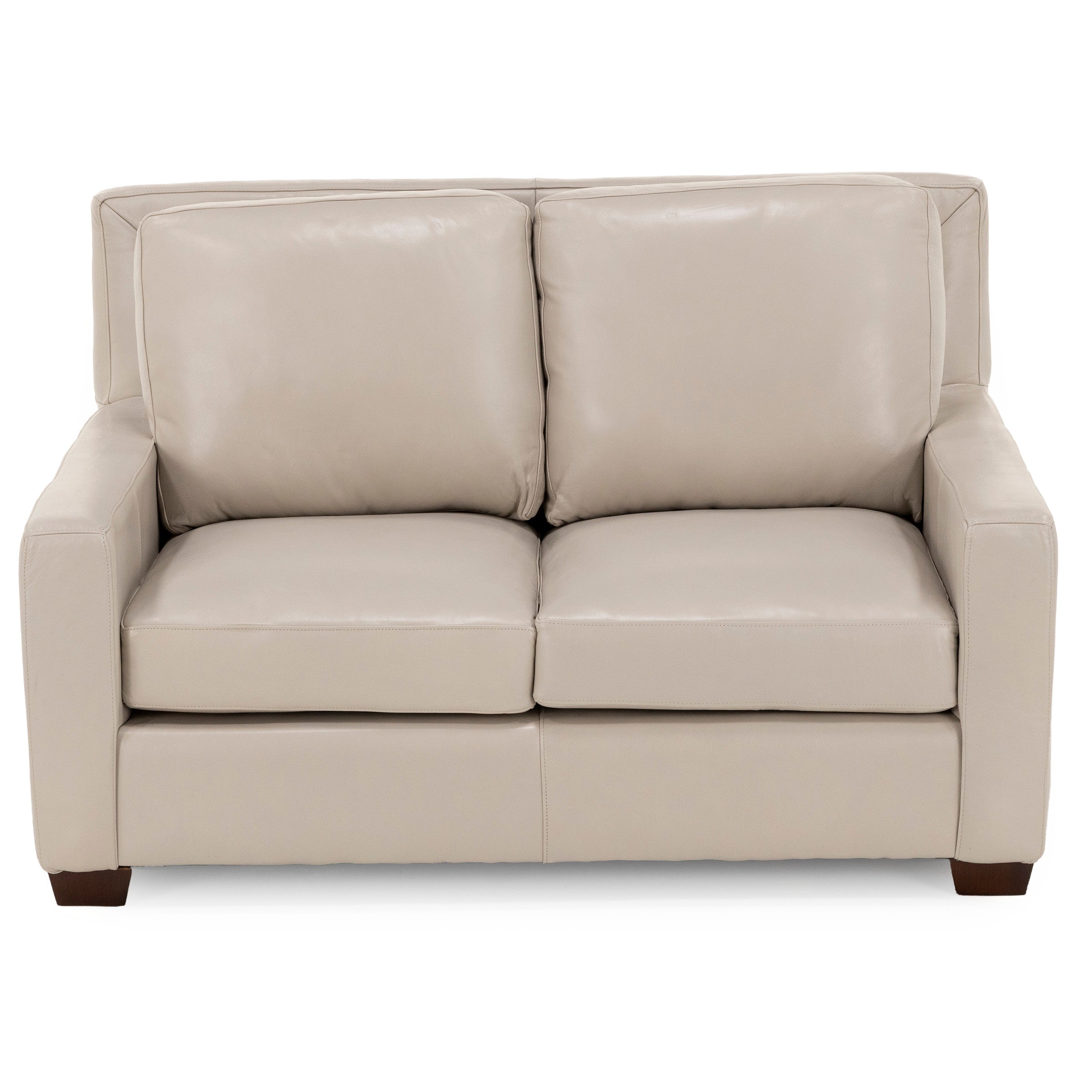Front view of a beige two-seat leather sofa with square arms.