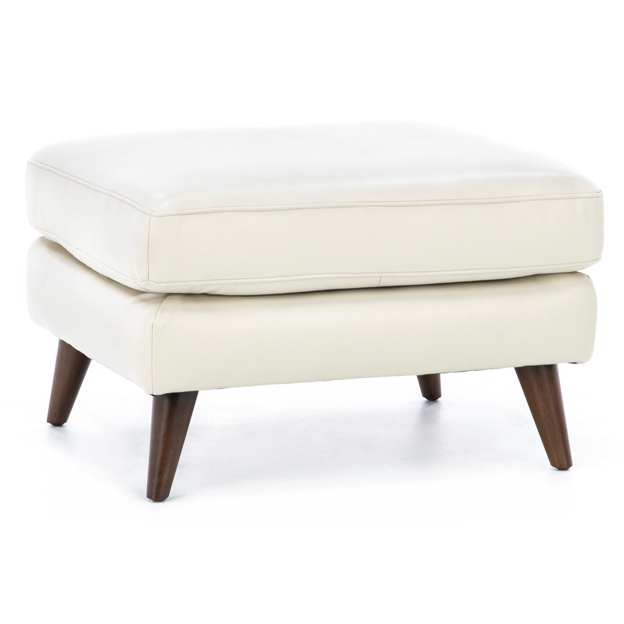 Ivory leather ottoman with wood legs, suitable for living room seating.
