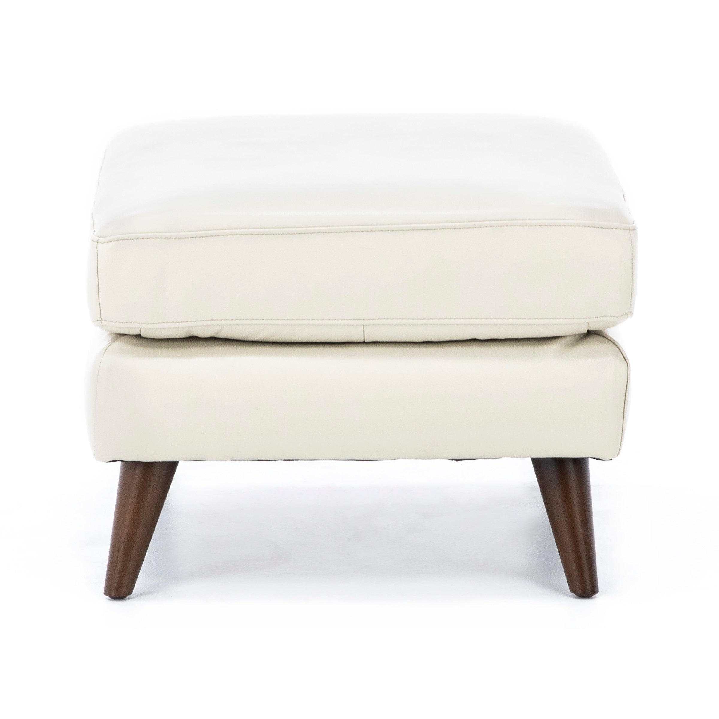 Cream-colored ottoman with wooden legs, front view.