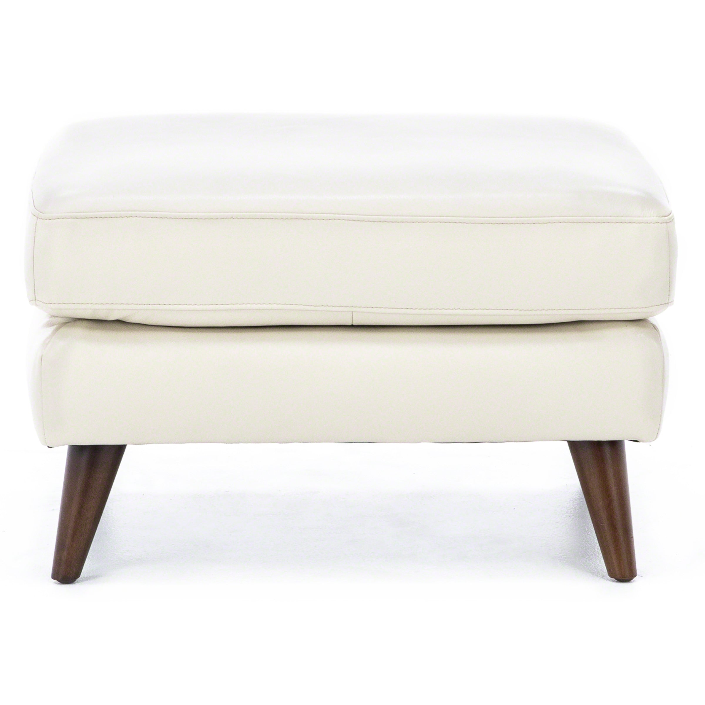 Cream-colored ottoman with wooden legs, modern design, shown from the front.