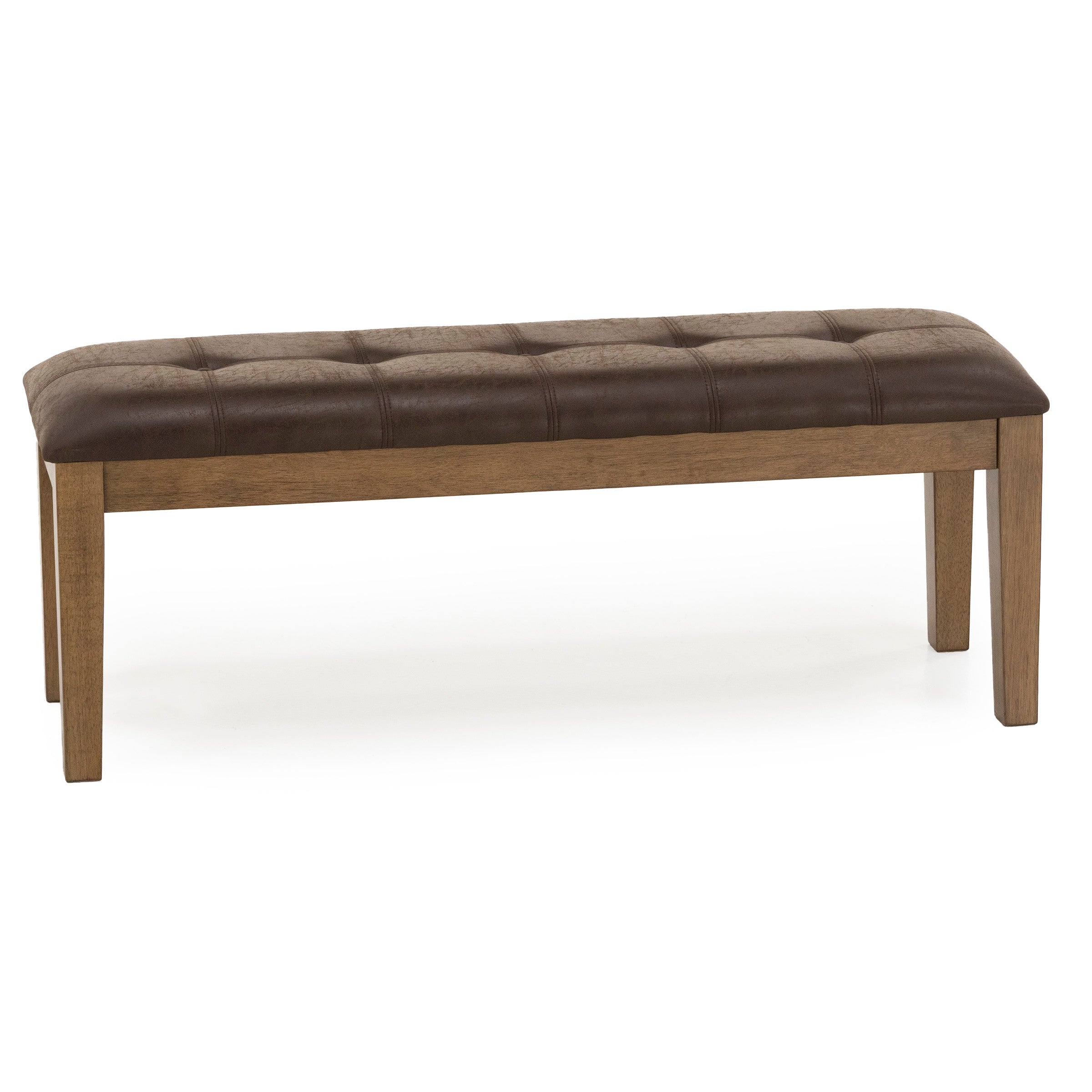 Rectangular bench with brown tufted cushion and wooden legs.
