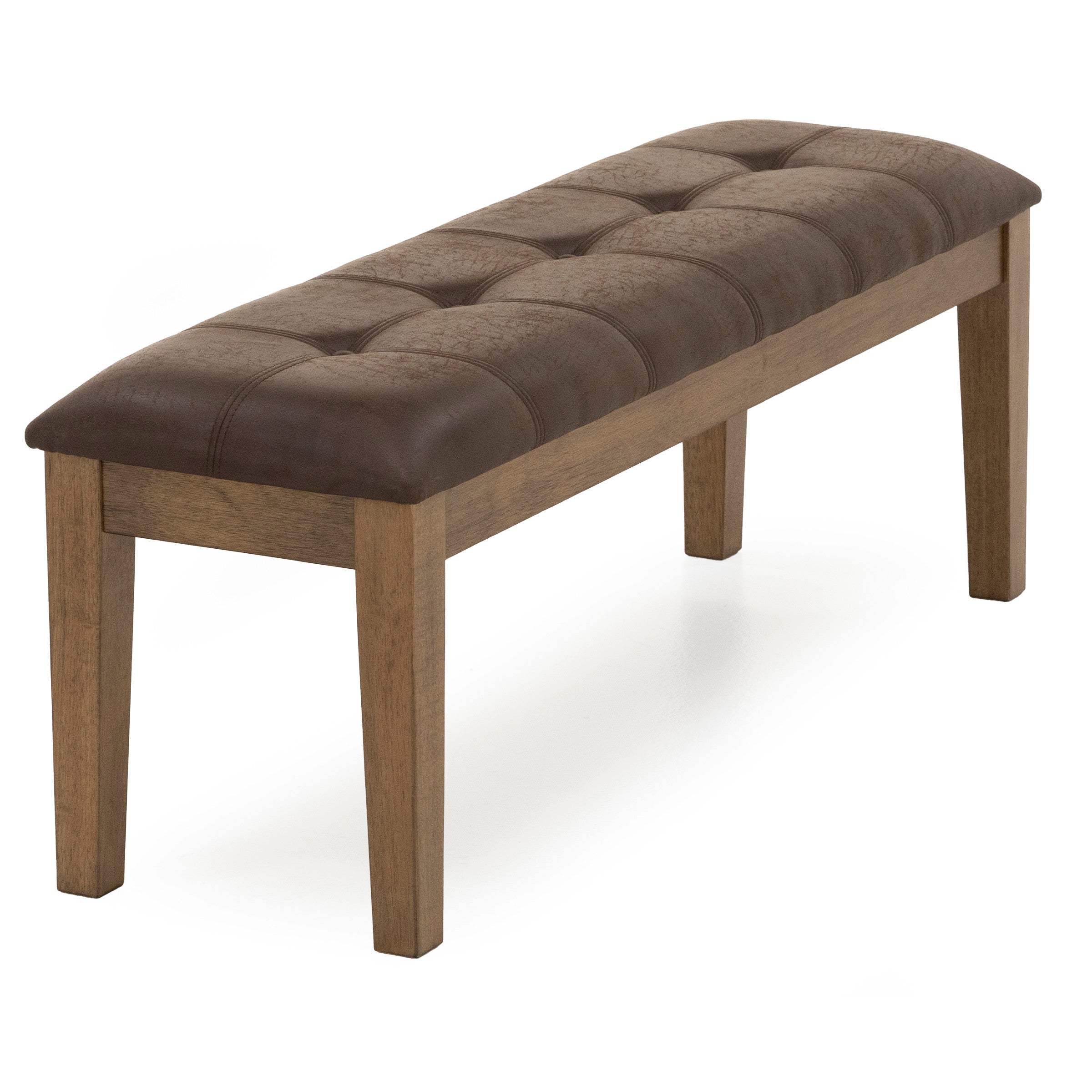 Brown upholstered bench with wooden legs, tufted seat.