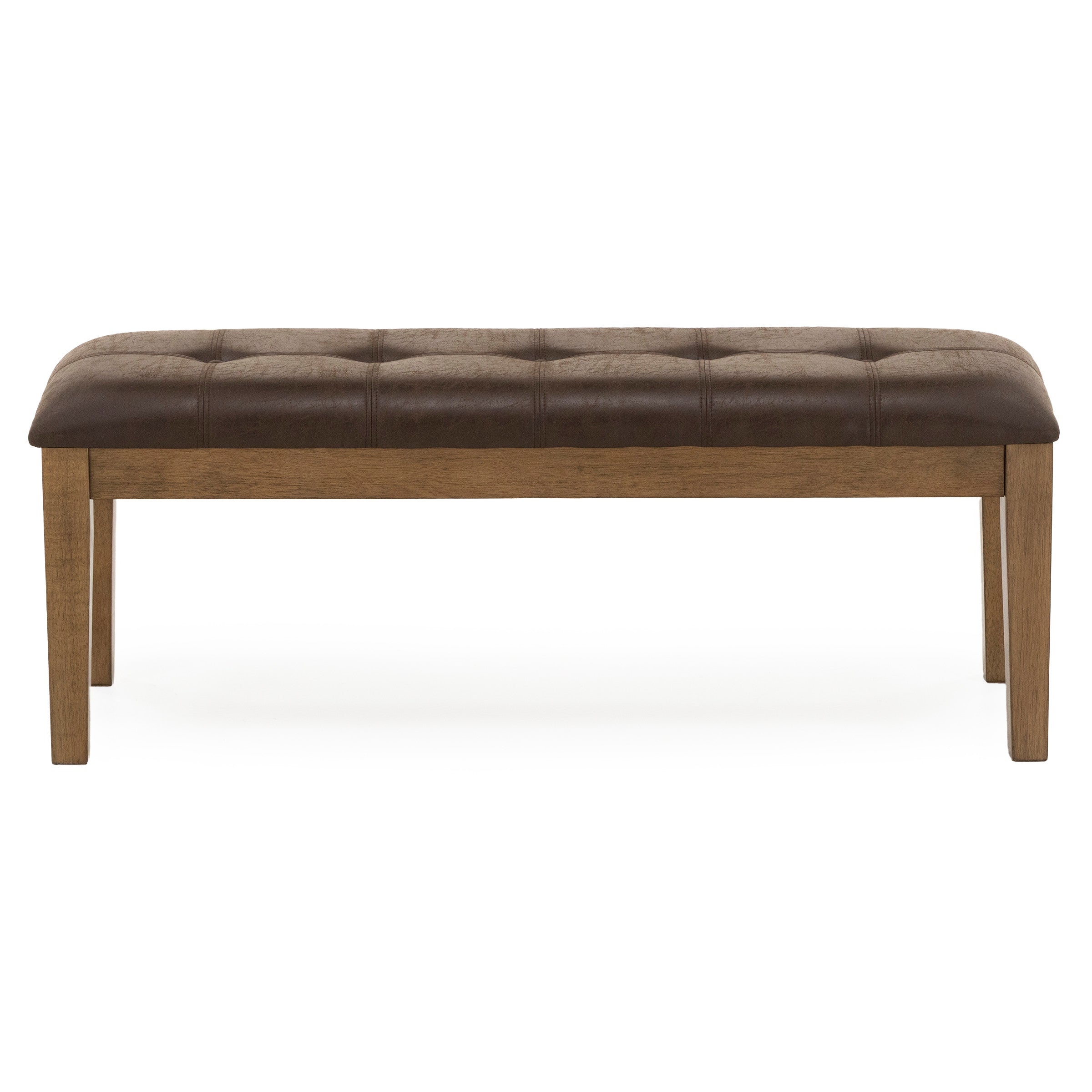 Tufted brown upholstered bench with wooden legs, shown from the front.