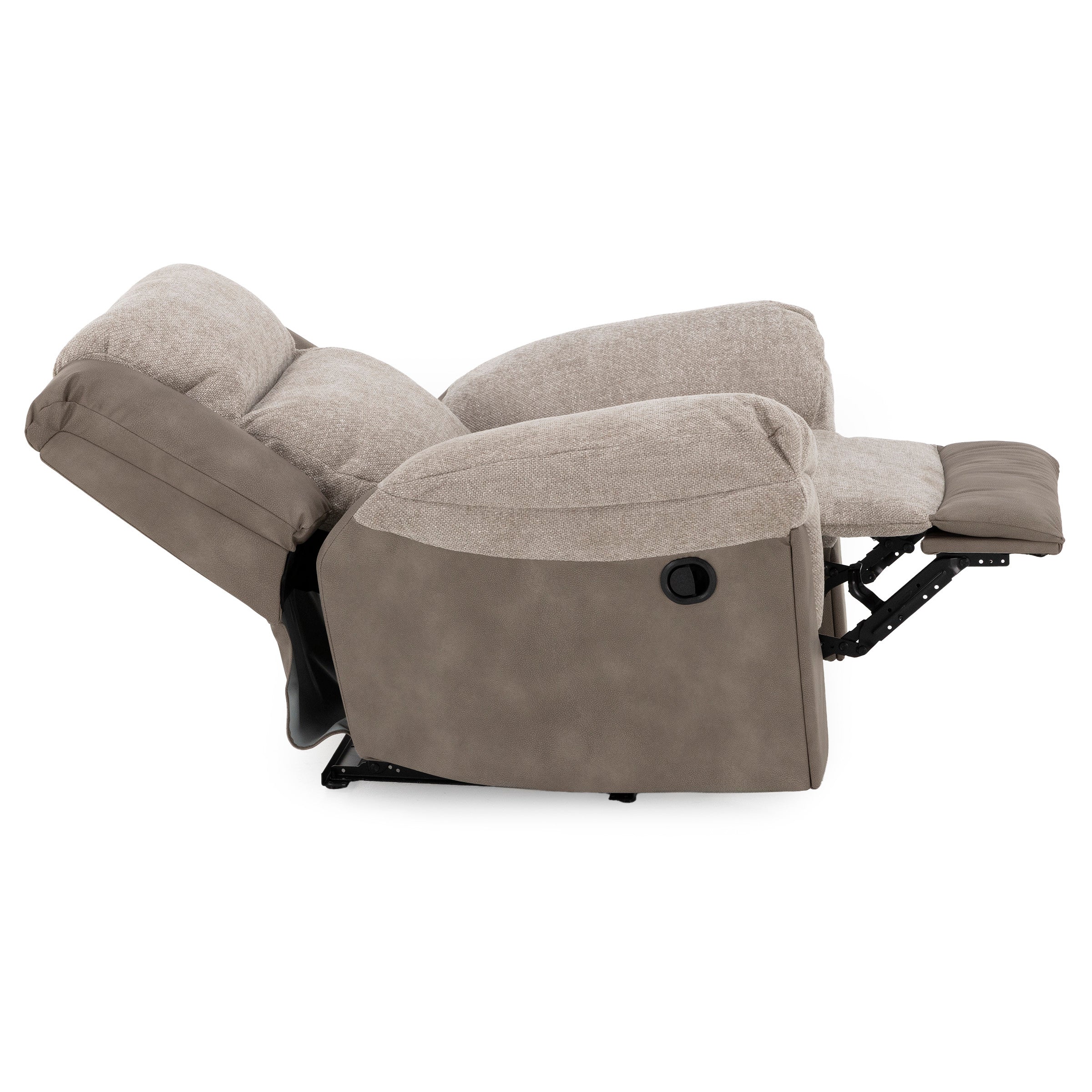 Side view of a fully reclined beige fabric recliner chair on white background.