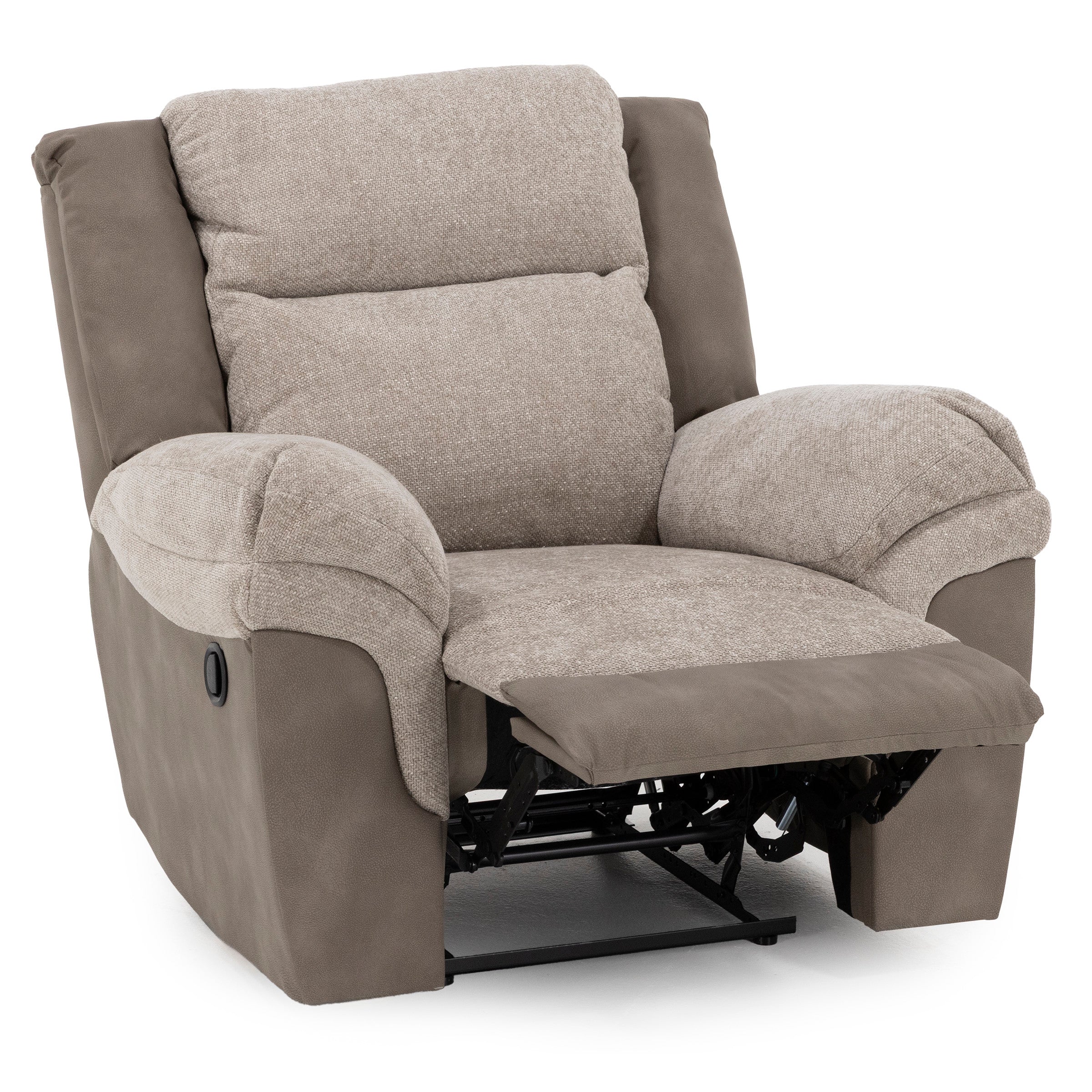 Beige and taupe fabric recliner chair with extended footrest.