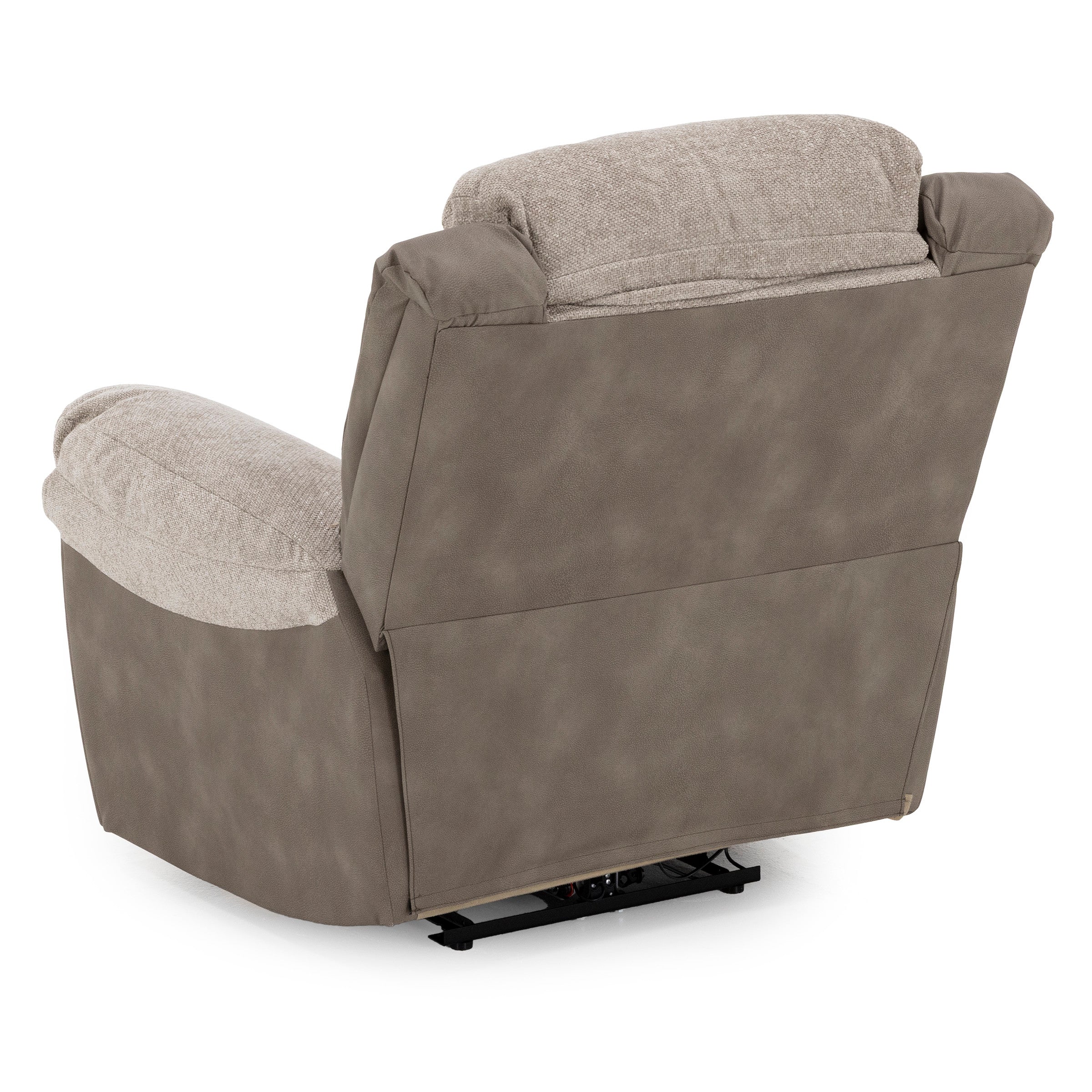 Back view of a taupe recliner chair with plush cushions and upholstered armrests.