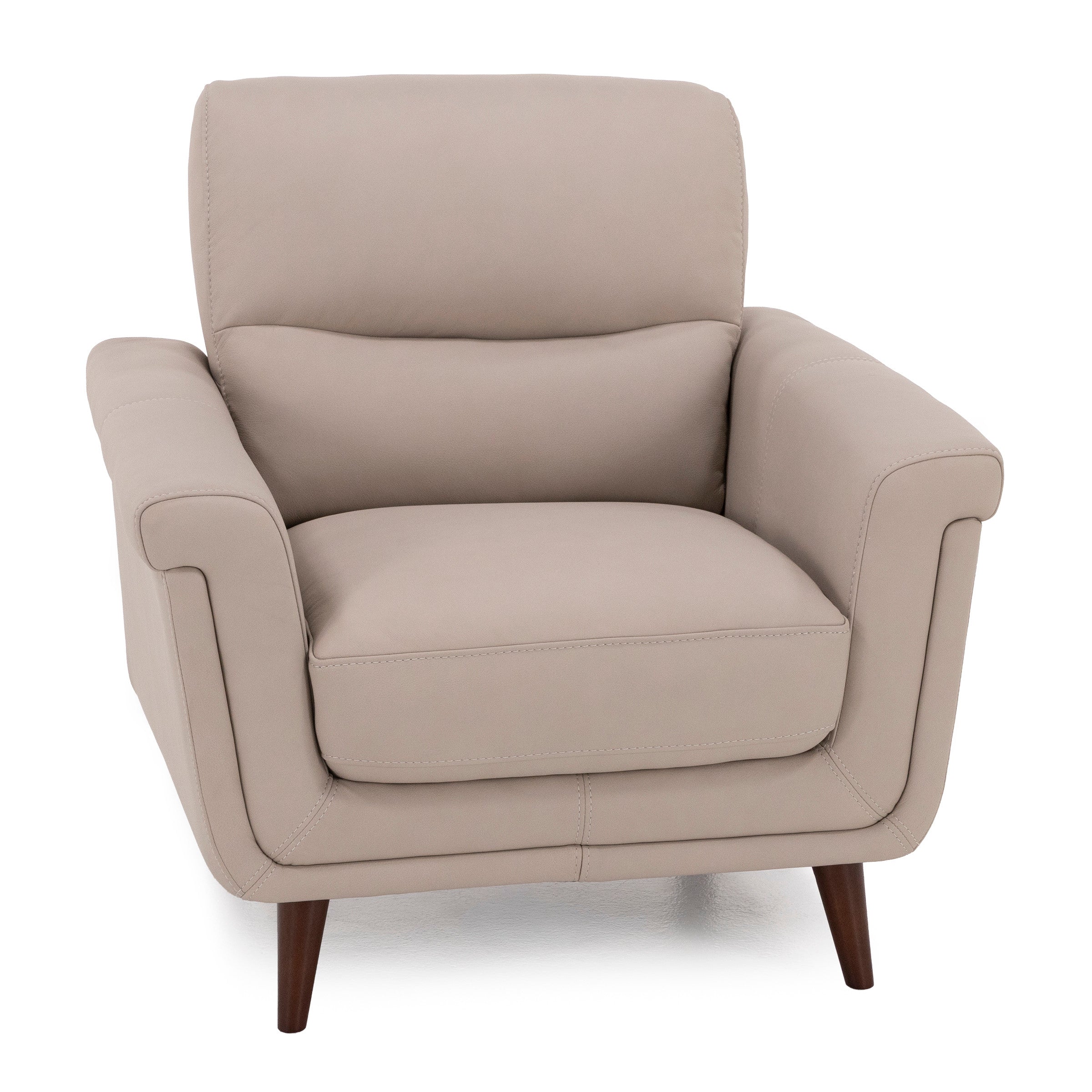 Beige armchair with padded seat and back, wide arms, and wooden legs.
