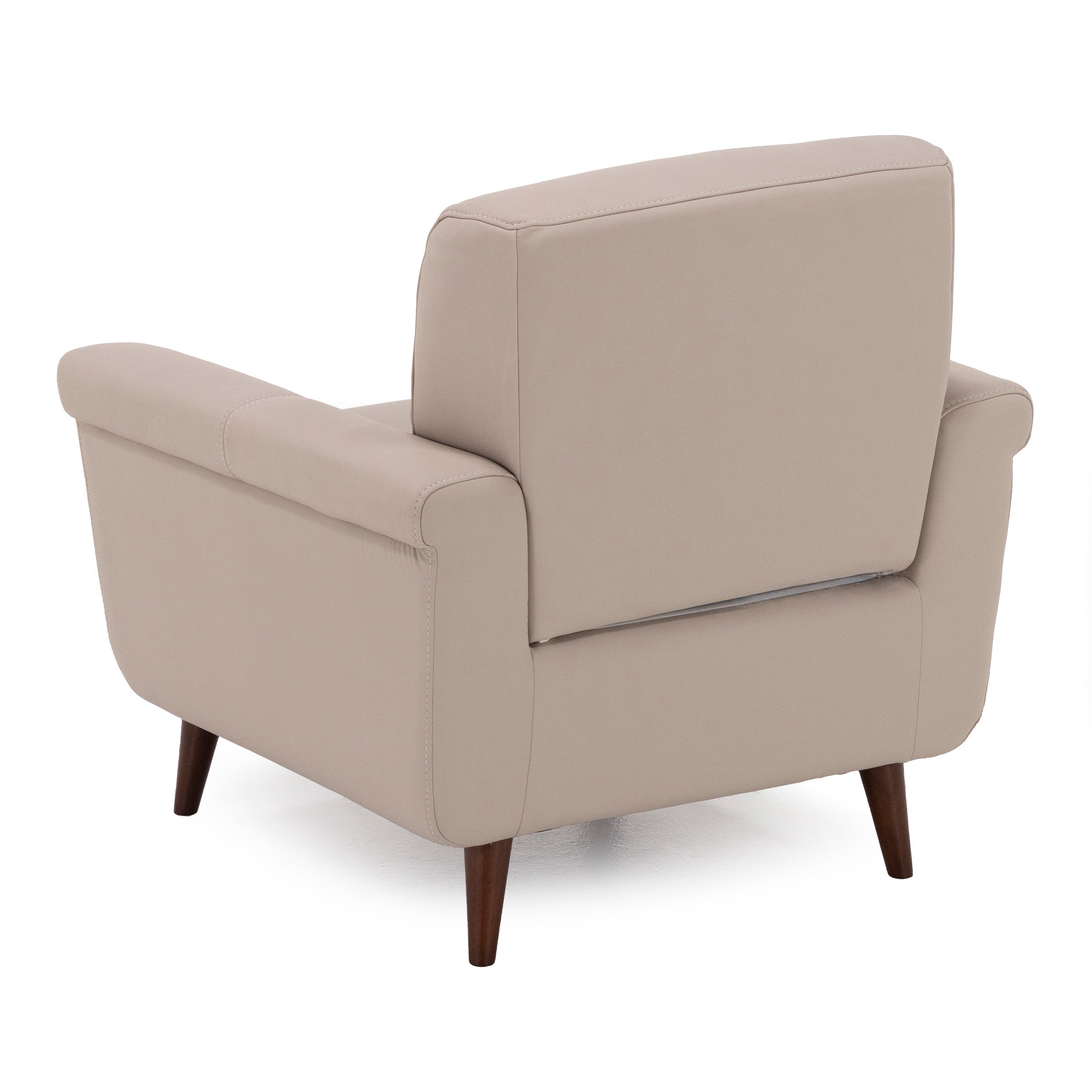 Back view of a beige armchair with wooden legs