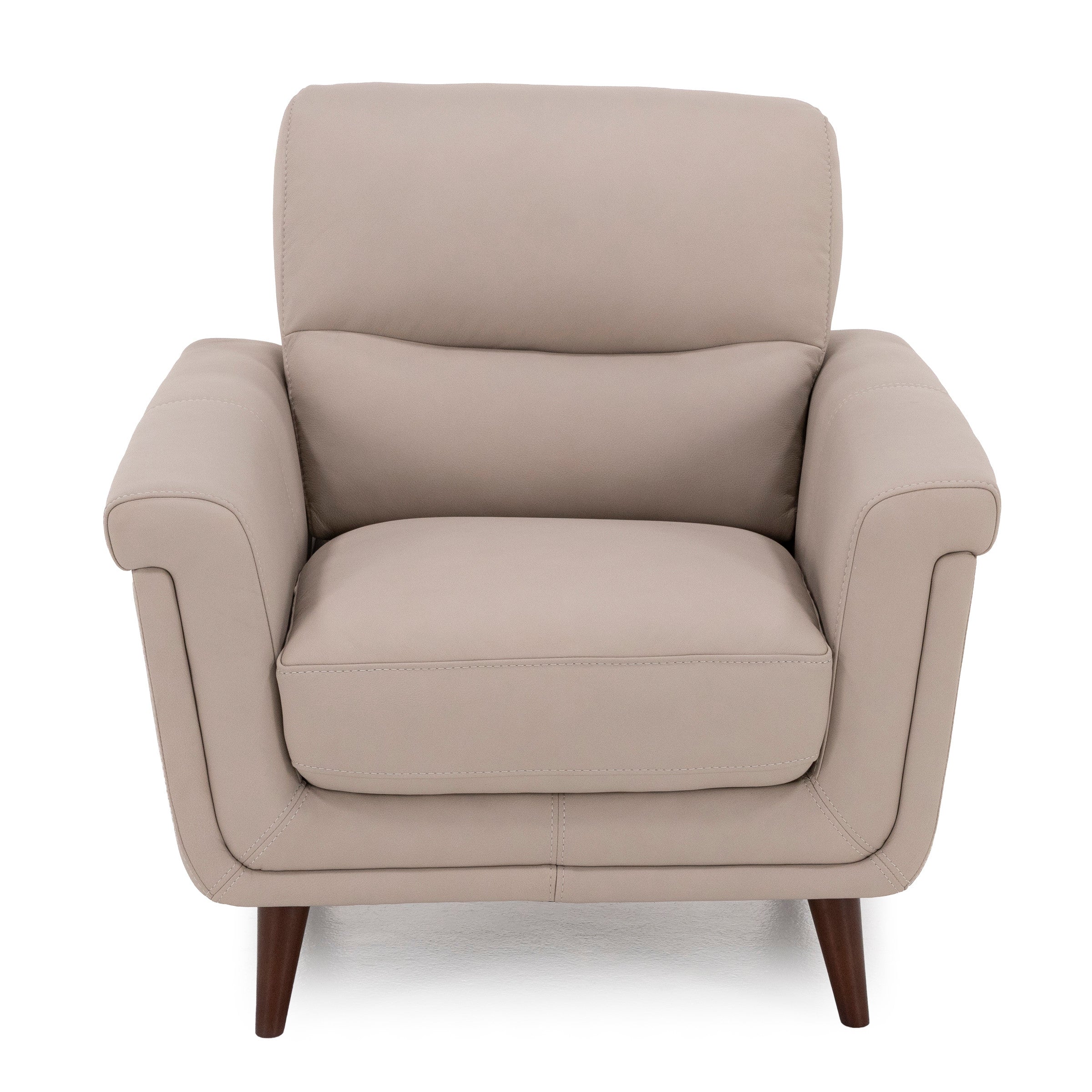 Modern beige armchair with wooden legs, plush seat and back cushion, viewed from the front.
