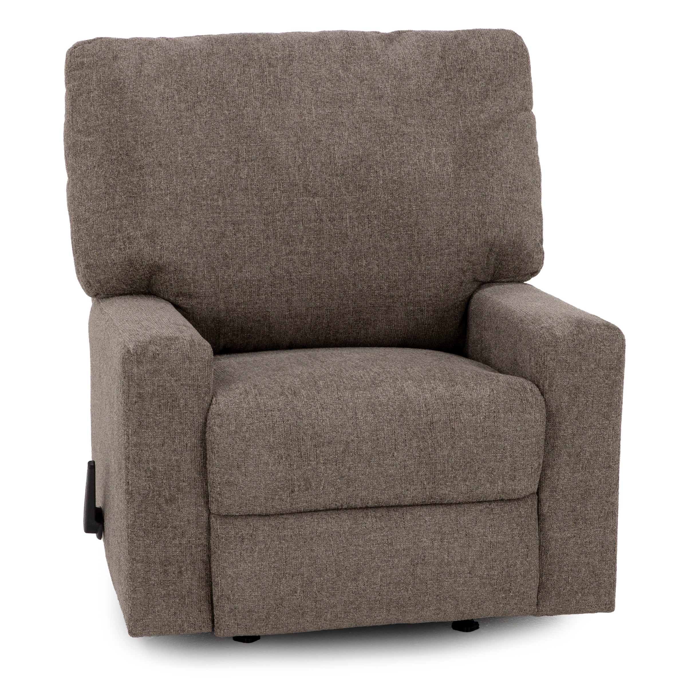 Plush brown fabric armchair with wide seat and square arms.