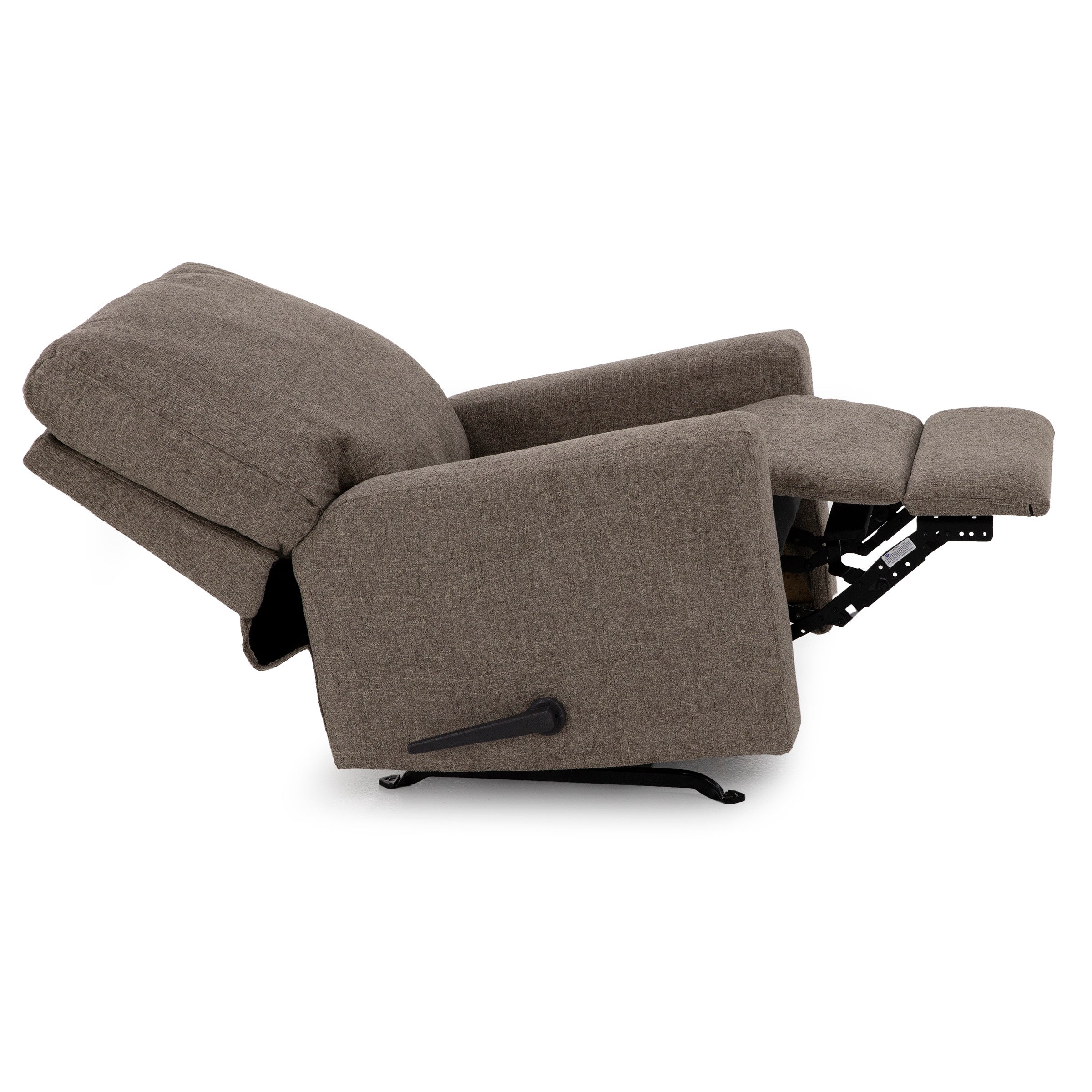 Side view of a brown fabric recliner chair shown fully extended.
