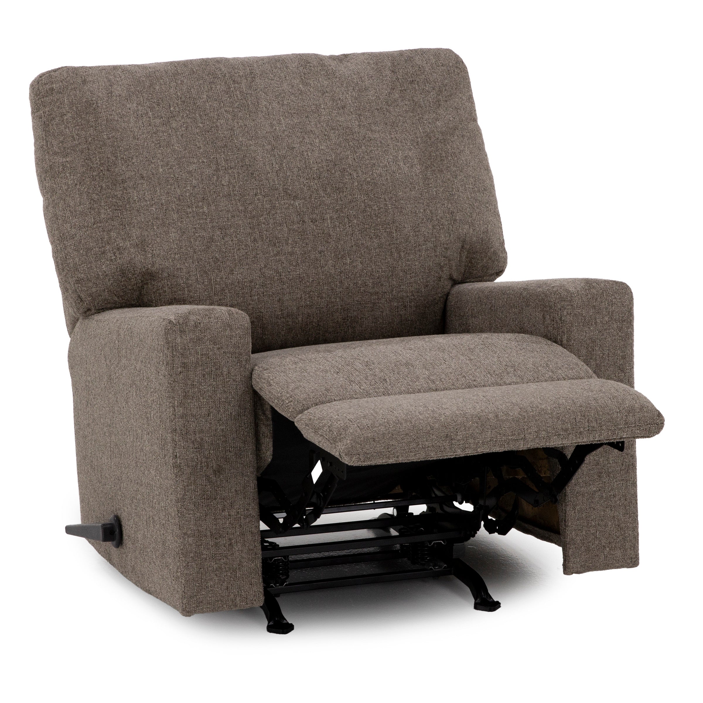 Brown fabric recliner chair with extended footrest.