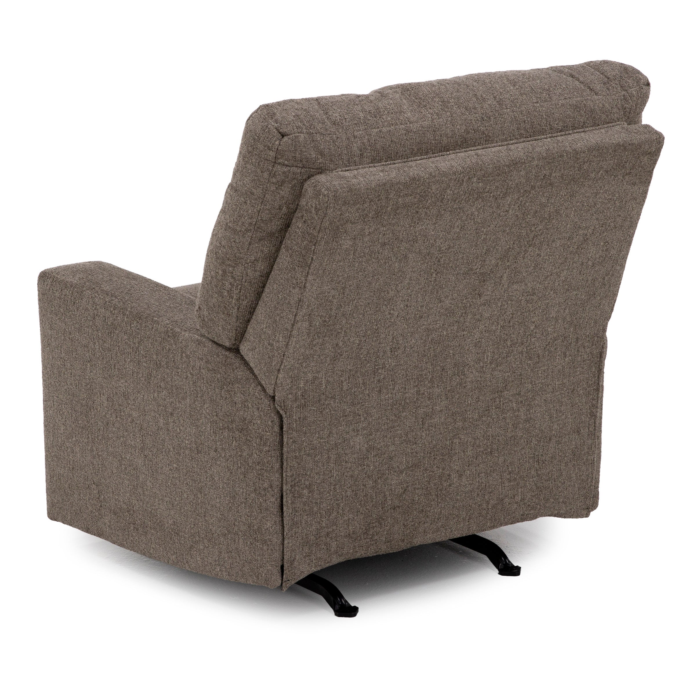 Back view of a brown upholstered recliner chair against a white background.
