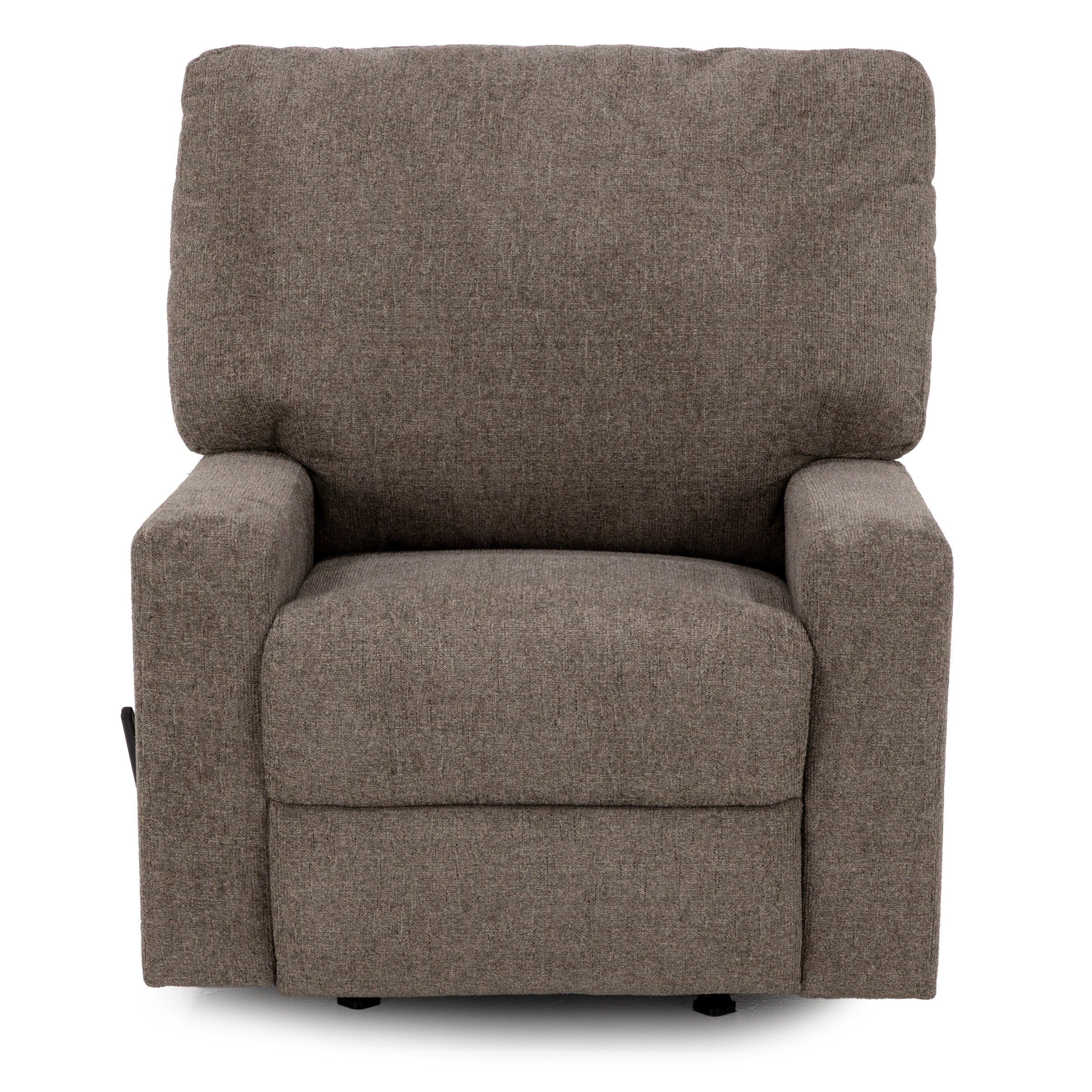 Front view of a gray upholstered armchair with square arms and a plush backrest.