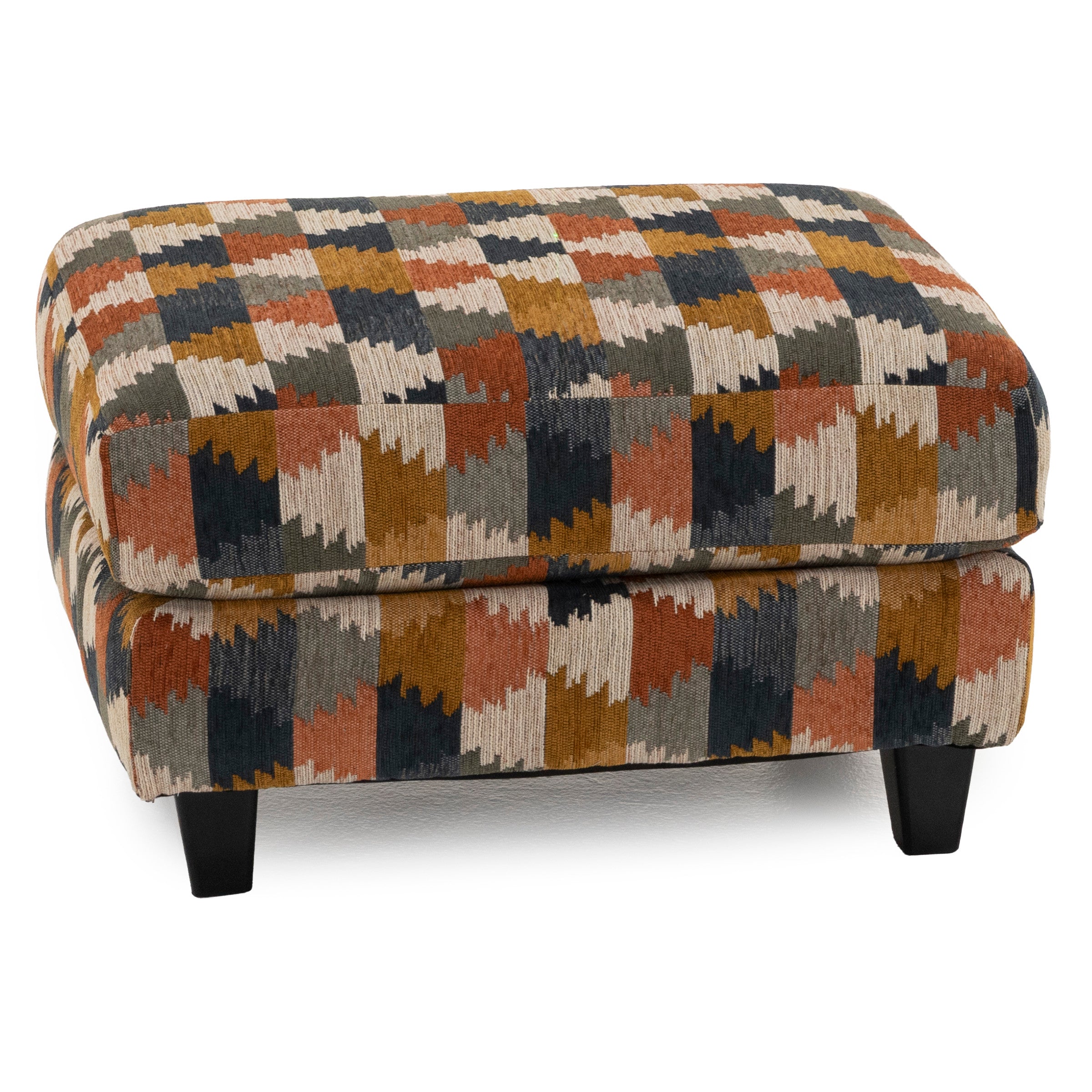Geometric patterned ottoman with earthy tones on black legs.