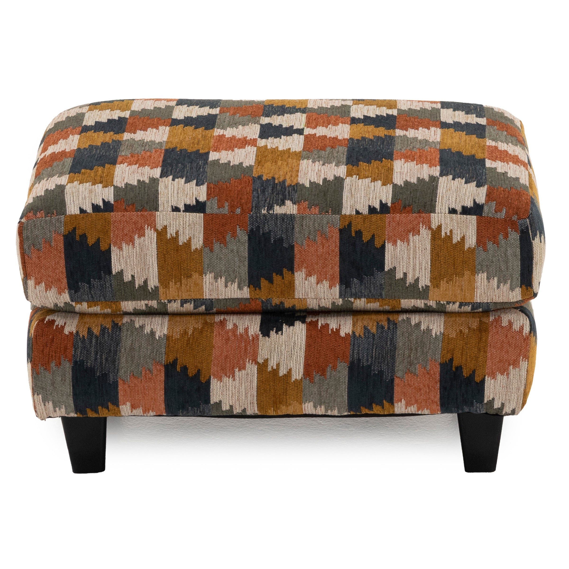Upholstered ottoman with geometric multicolor pattern and black legs.