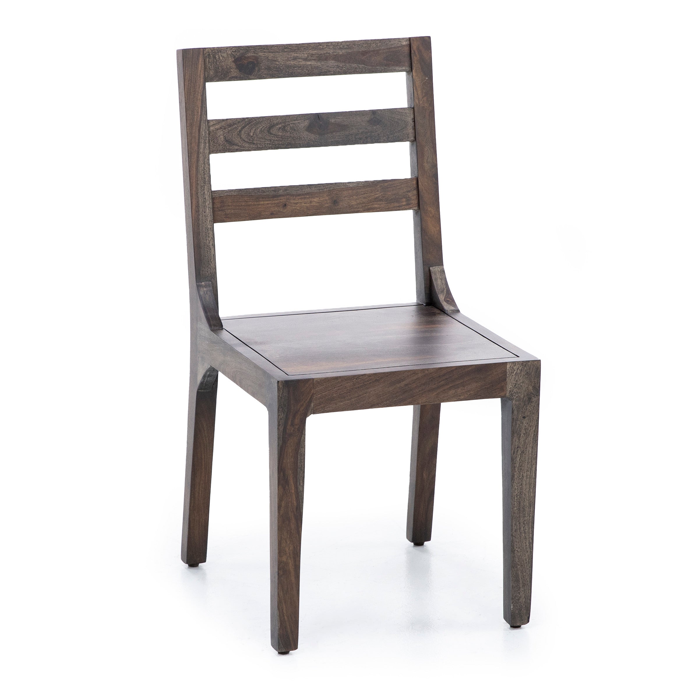 Simple wooden dining chair with a slatted back, shown on a white background.